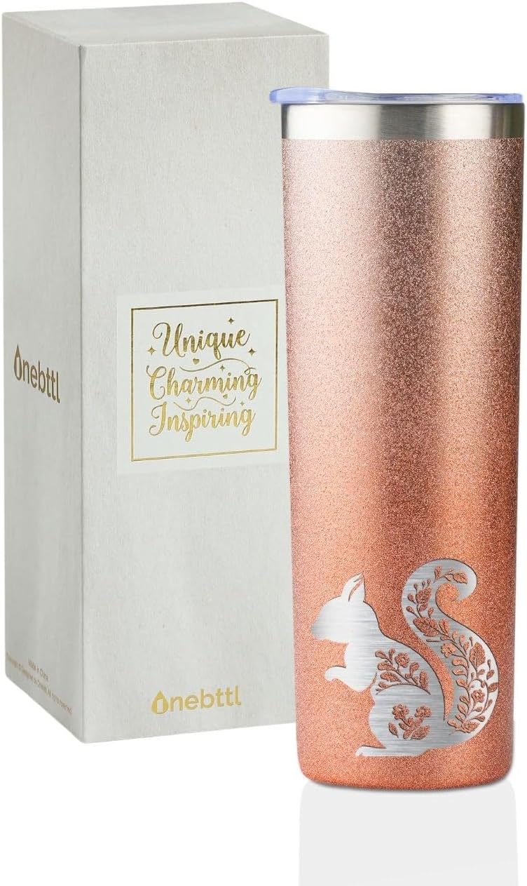 Onebttl Squirrel Gifts for Squirrel Lovers Women Teens, Squirrel Tumbler for Friends on Birthday, Cute 20 oz Insulated Stainless Steel Tumbler with Lid and Straw - Gold