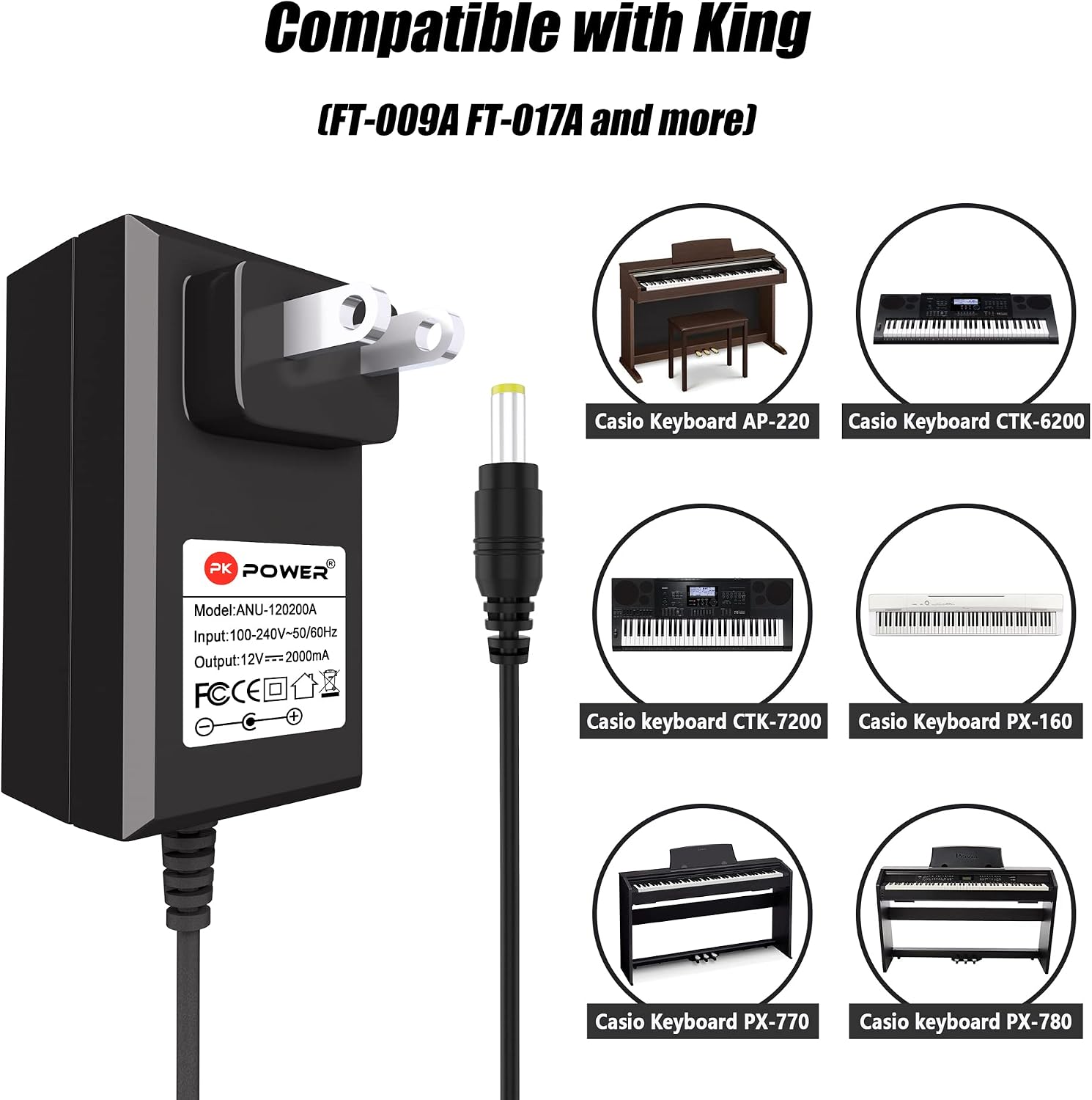 AC 12V Power Supply for Casio Privia PX-S, PX, CDP Series Digital Pianos – AC DC Adapter