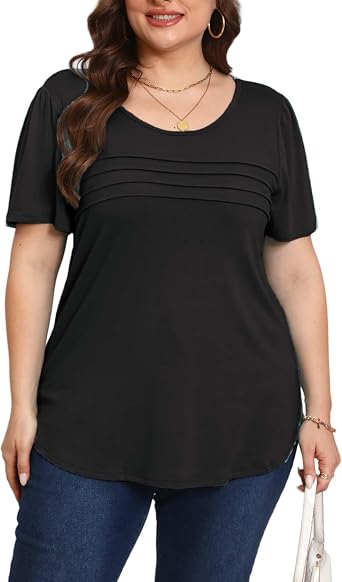 Womens Plus Size Summer Tops Short Sleeve Pleated T Shirts Casual Scooped Neck Flowy Loose Floral Blouses 1X-5X