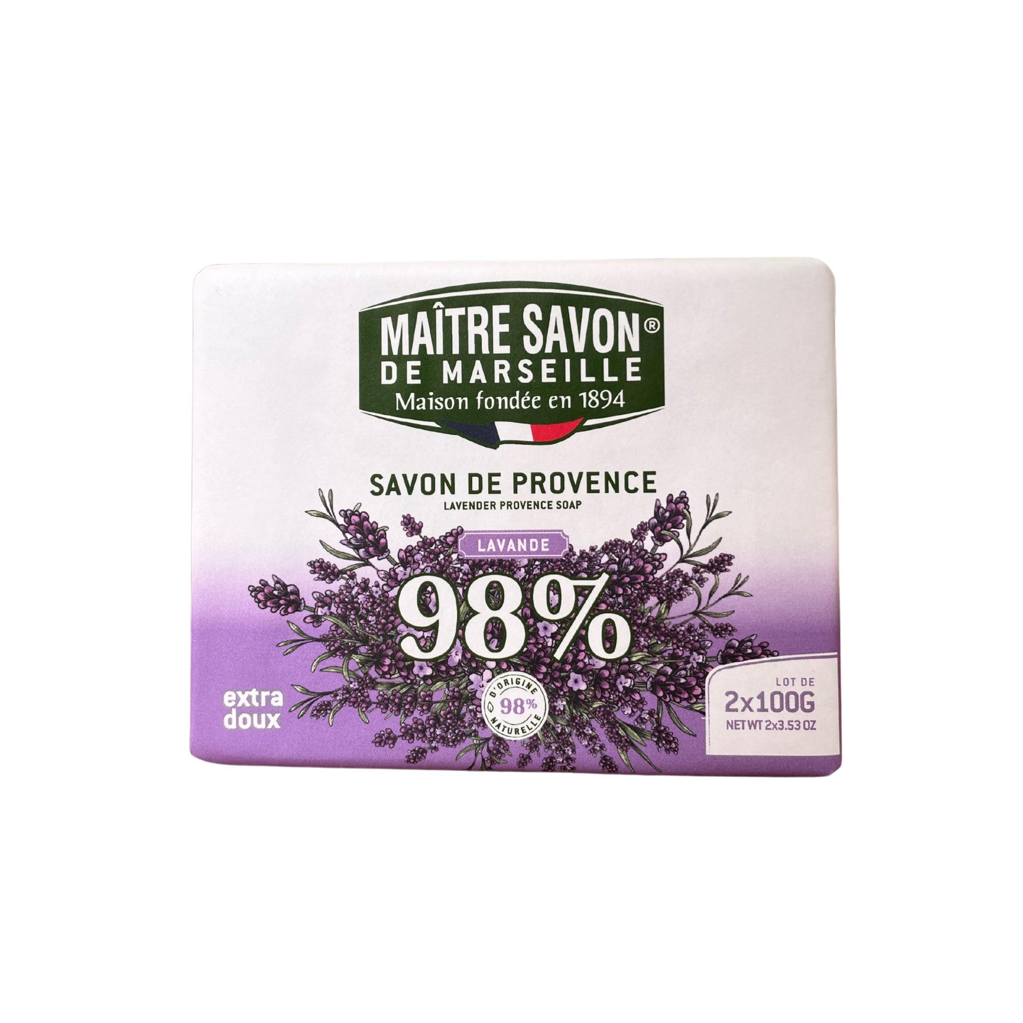 Maître Savon de Marseille - Jabón de Provenza Lavanda – Extra Suave – 2x100g – 99% Ingredientes Naturales – Manos & Cuerpo