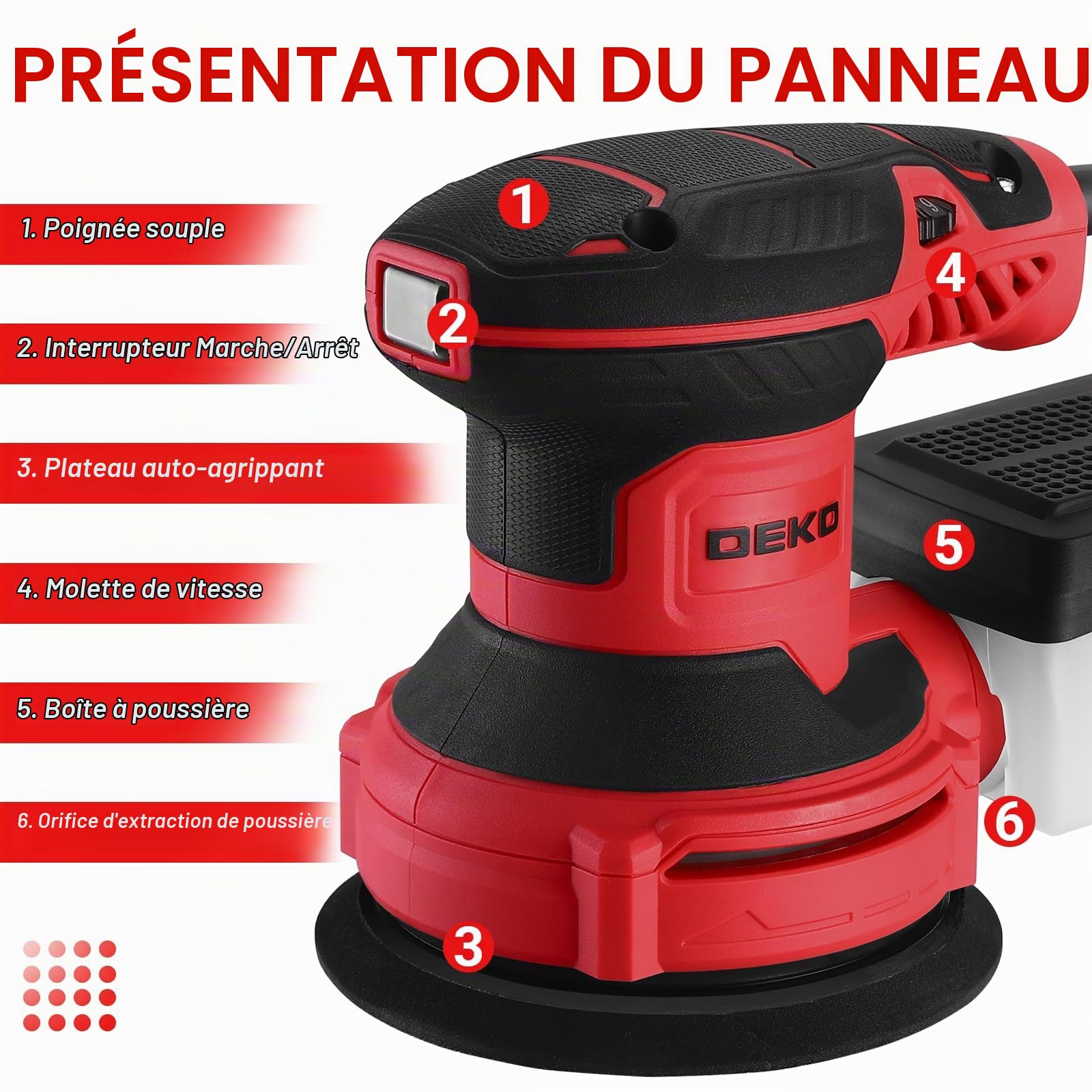 DEKOPRO Ponceuse Excentrique 300W - Ponceuse Electrique 125mm, 6 Vitesses, 14000RPM, Papier Abrasif 16 Pièces, Collecteur de Poussière, Trois Pinceau Plats, pour Surfaces en Bois et Acier, Rouge