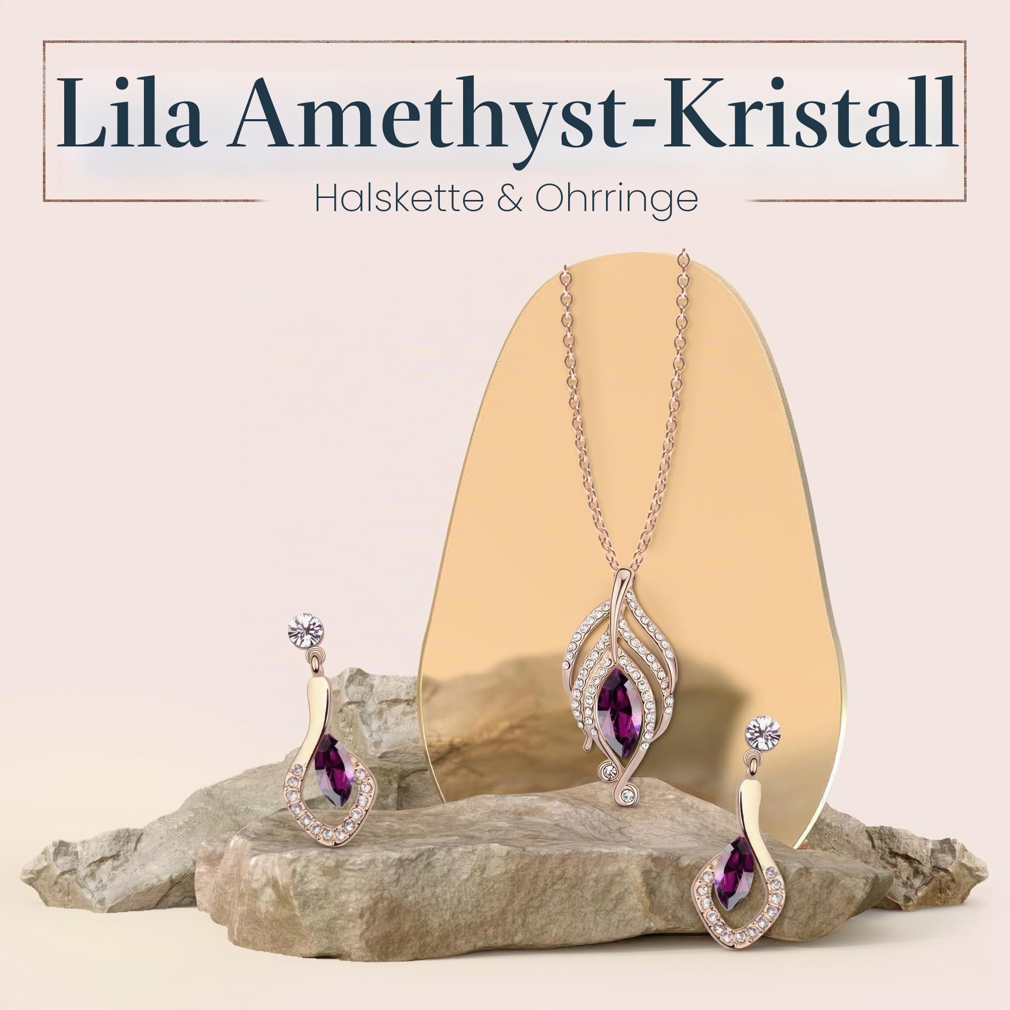 Crystalline Azuria Kristalle Simulierter Amethyst Schmuck-Set Halskette Anhänger 45 cm Ohrringe 18 kt Rosé Vergoldet für Damen