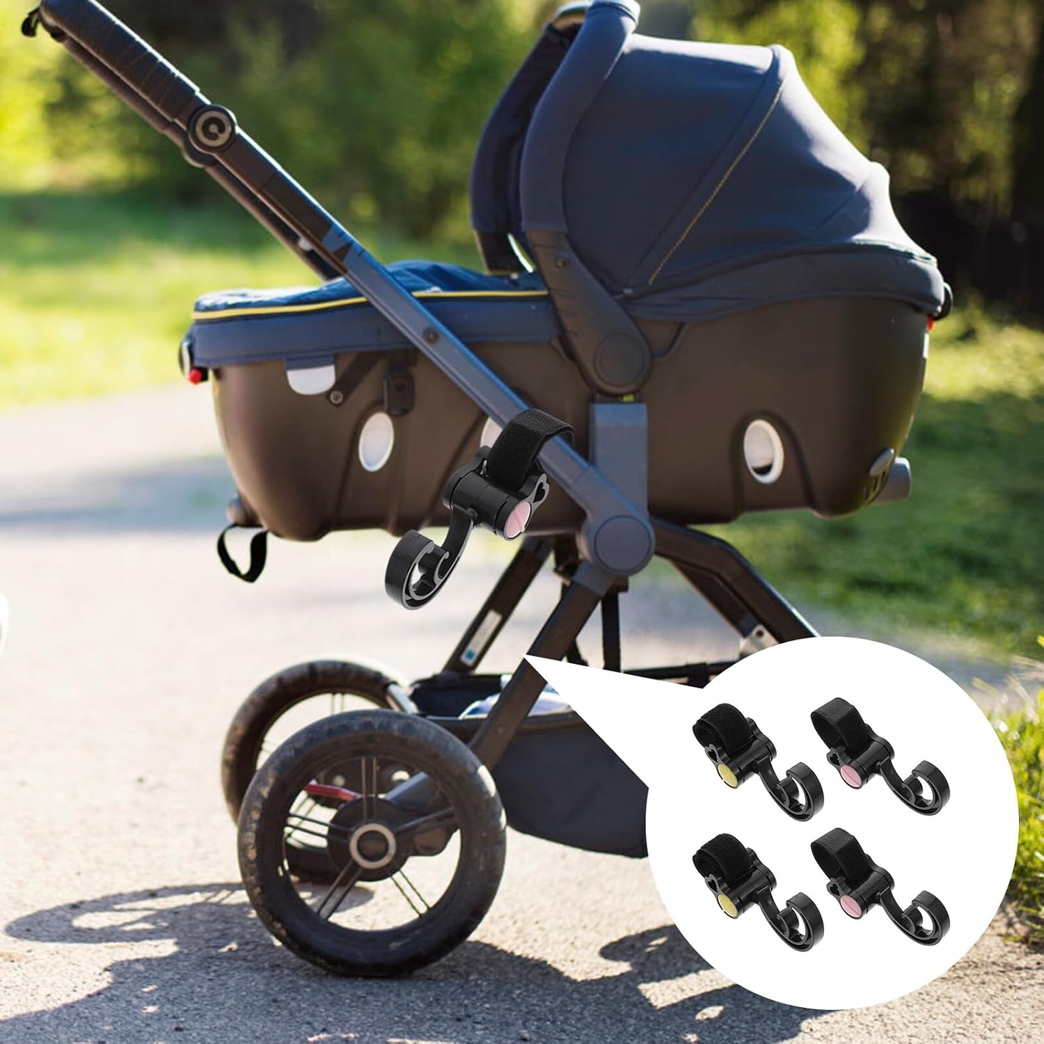 BESPORTBLE 4pcs Stroller Hooks Set for Outdoor Use, 360° Rotating Plastic Stroller Hangers with Hook and Loop Strap, Multipurpose Hanging Clips for Diaper Bags