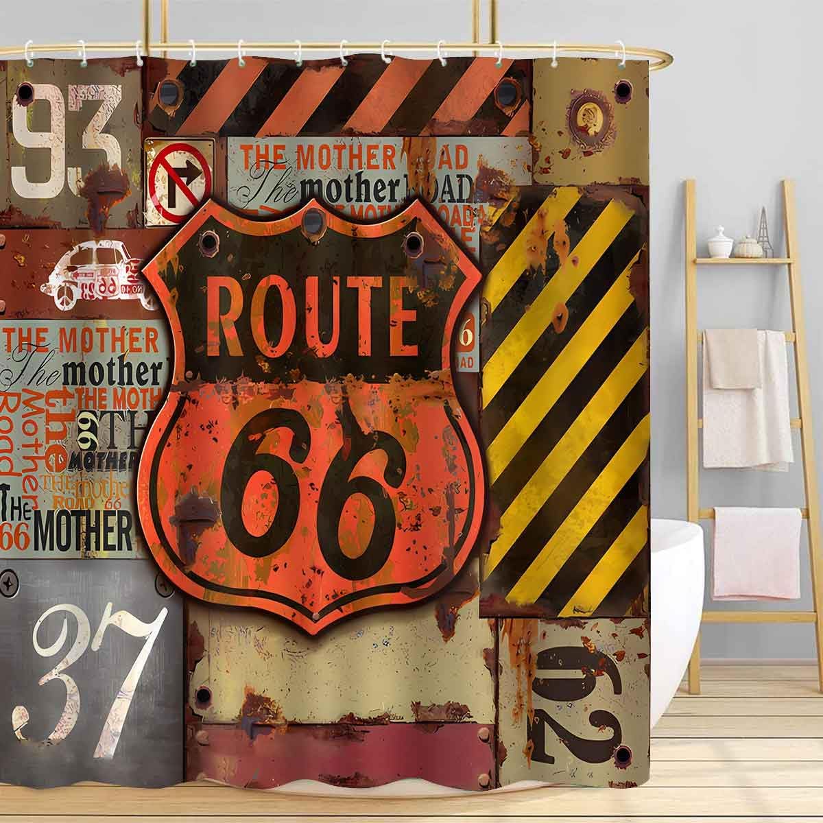 Route 66 Shower Curtain for Bathroom, Retro Route 66 American Road Sign Highway Shower Curtain Sets with 12 Hooks, 72x72inch YLDWTP0213