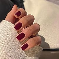 Vista 25 de 48 piezas de uñas postizas a presión color burdeos, uñas falsas en forma de almendra, pegamento para uñas, uñas de longitud media