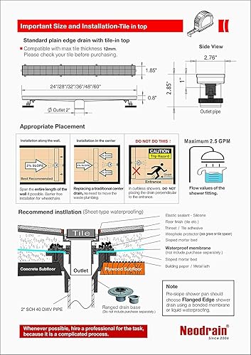 Miniatura 8 de Neodrain Drenaje de ducha lineal de 32 pulgadas con rejilla de inserción de azulejos, desagüe de suelo de ducha rectangular de acero inoxidable