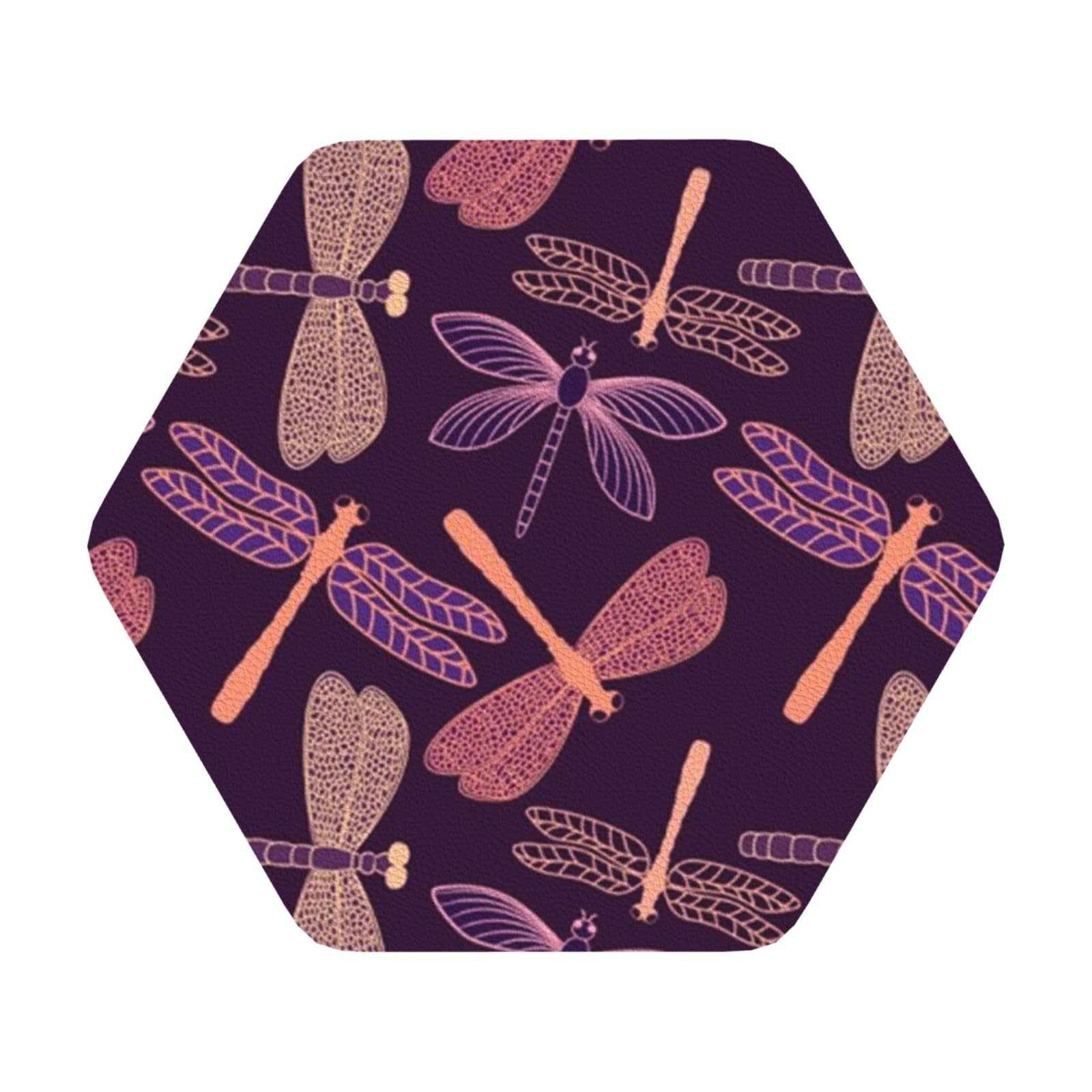 purple dragonfly PU Leather Coasters Set of 6 Hexagon Drink Coasters