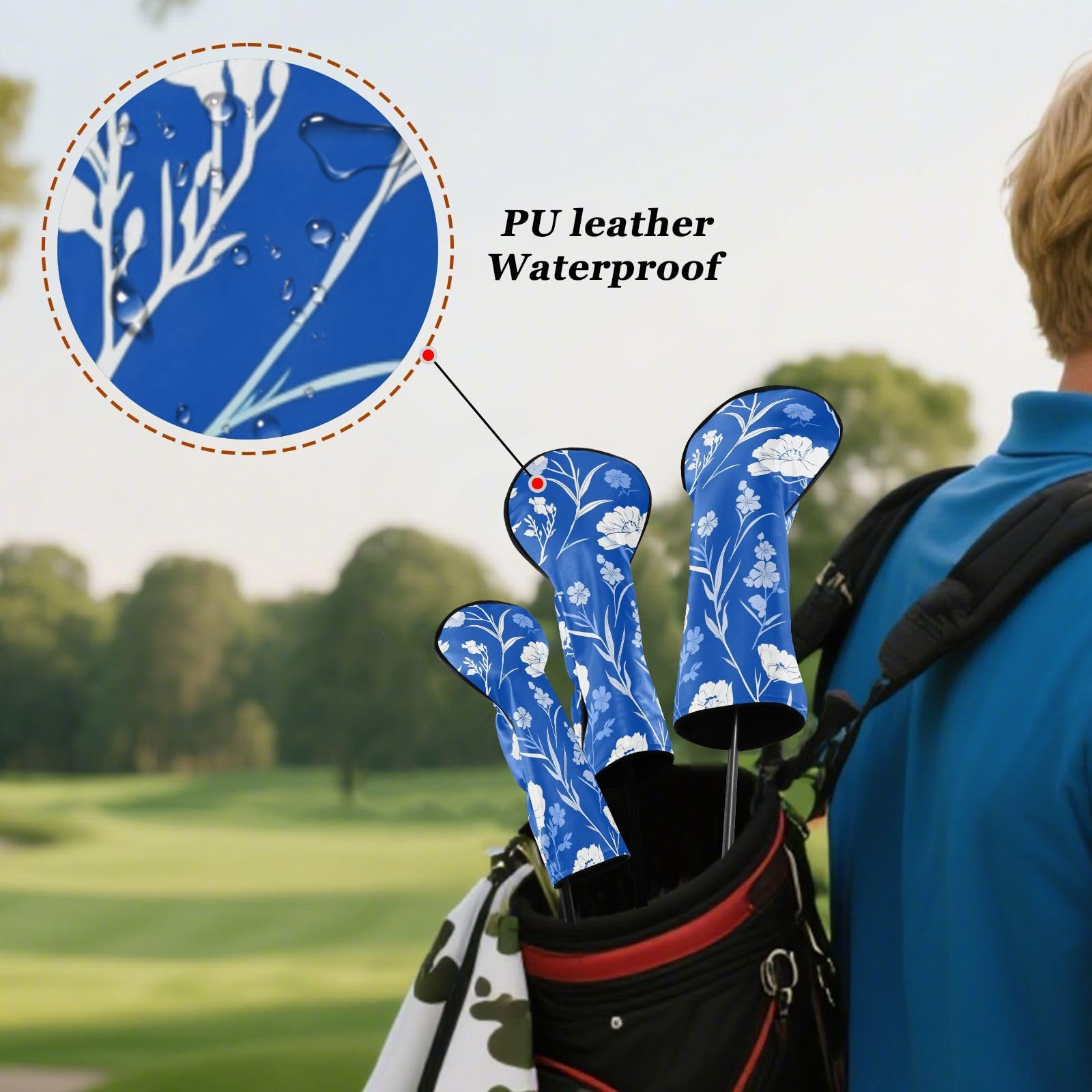 Carnation Couvre-club de golf bleu roi avec étiquettes numérotées conçues pour s'adapter à tous les accessoires de golf de bois et de pilotes