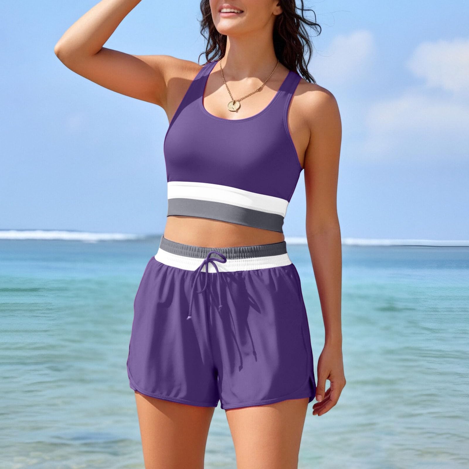 Badeanzug Damen Farbblock 2-Teiliger Bikini Set mit Kurzarm Badeshirt und Shorts Tanktop Leicht Schwimmenanzug Schnelltrocknend Strandanzug Atmungsaktiv Bademode