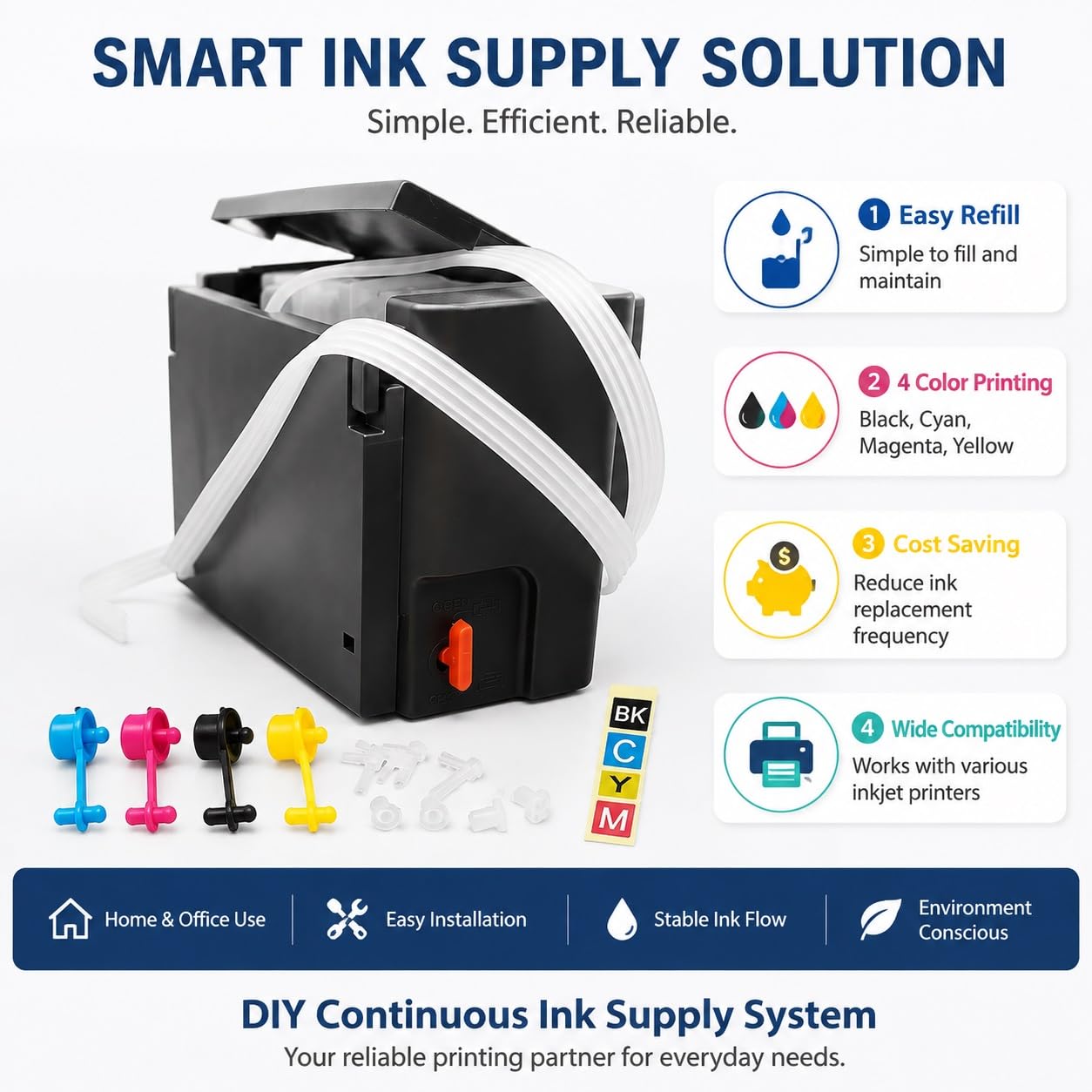 Kit CISS 4 Couleurs Réservoir Encre Compatible Epson/Canon/HP/Brother