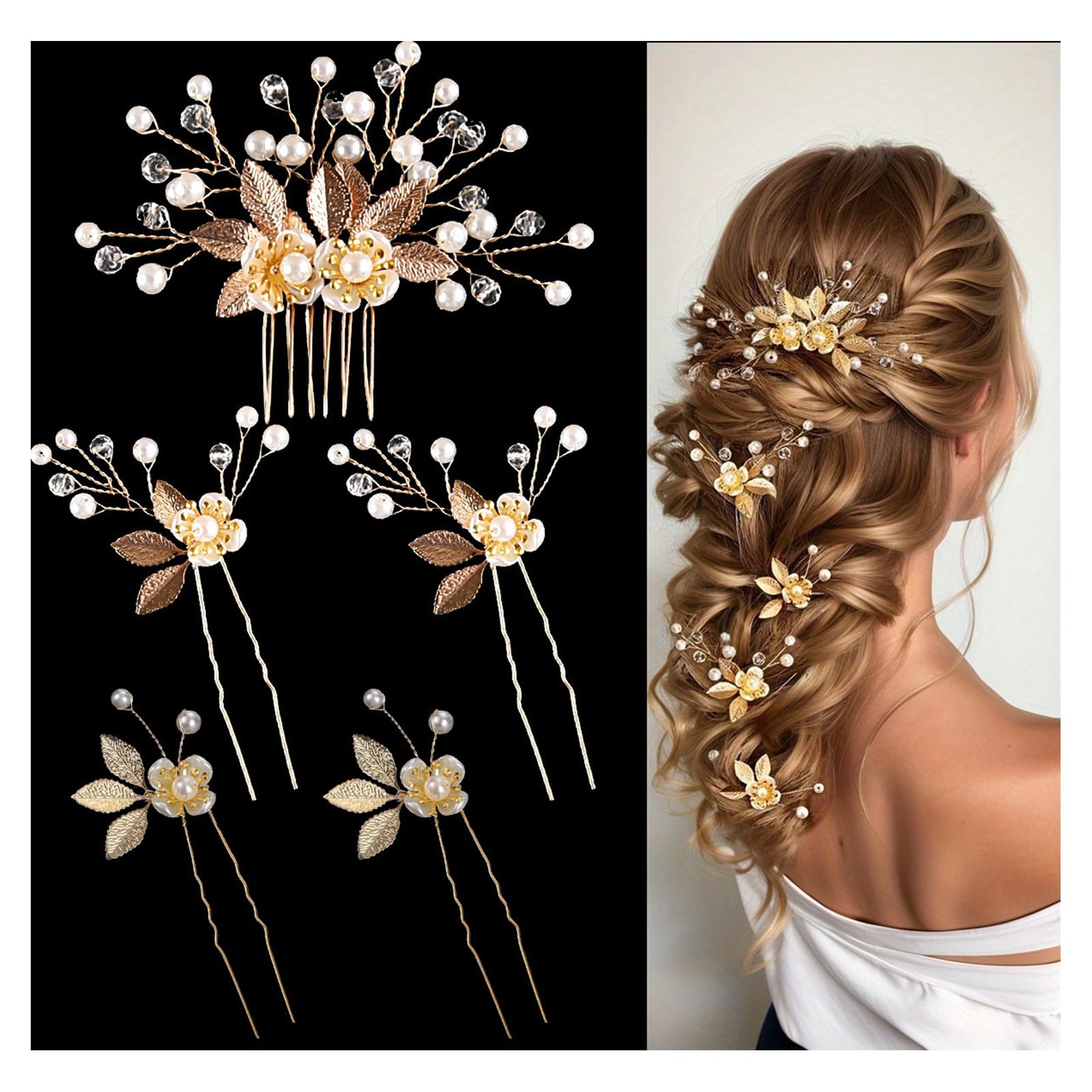 YUISI 5Pcs Wedding Hair Pins Hairstyle Decoration Bride Clips, Hair Accessories for Woman, Luxury Gold Pearl Flower Bun and Braid Hair Accessories for Bridal Hairstyles
