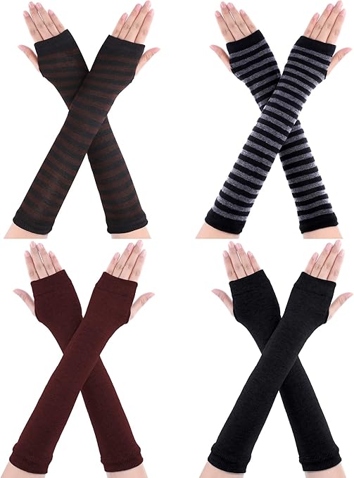 Bememo 4 Pairs Punk Gothic Long Fingerless Gloves Knitted Arm Warmer Elbow Length Thumb Hole Gloves