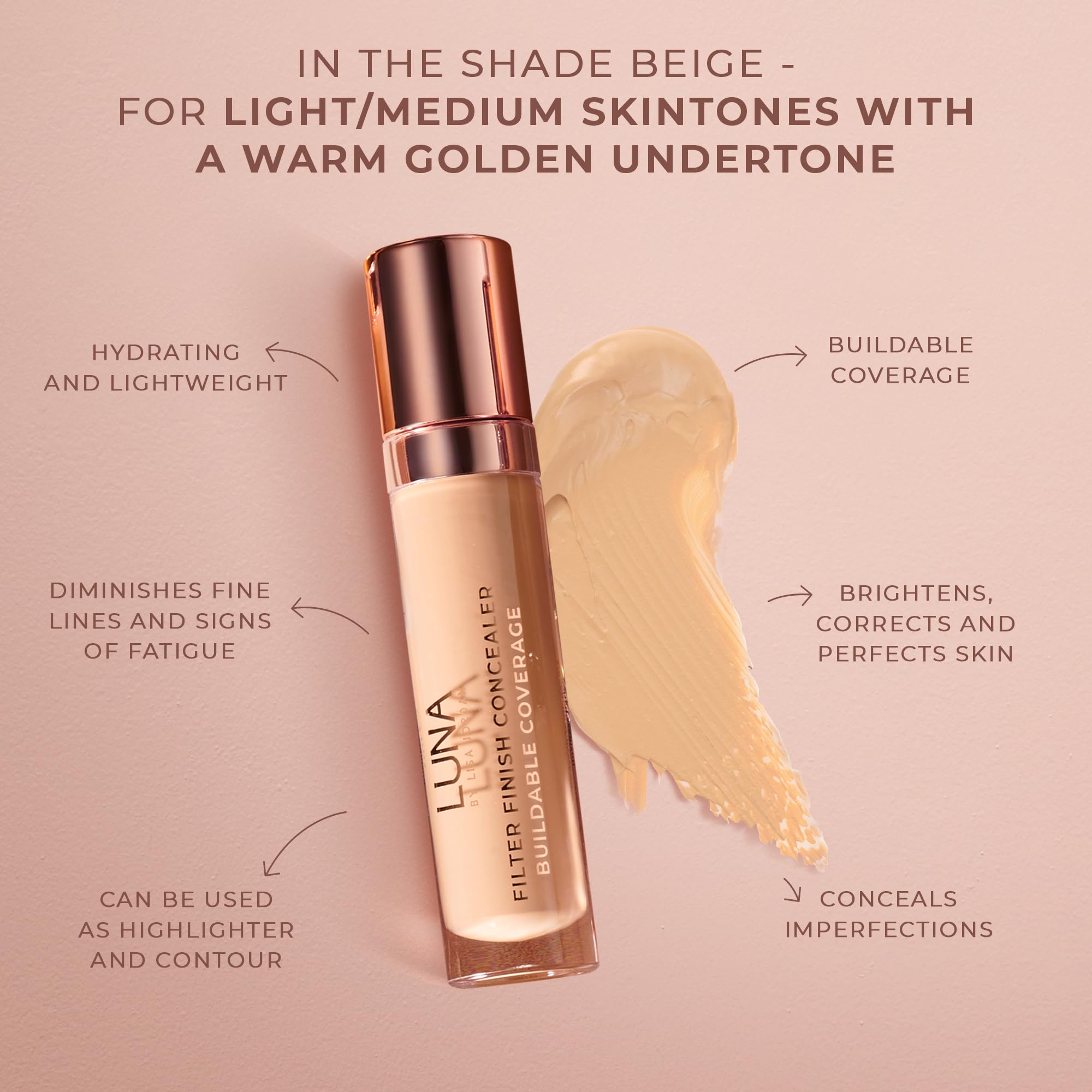 LUNA Filter Finish Concealer in BEIGE Shade, Hydrating Cream Concealer Contains Vitamin E, Hyaluronnic Acid and Glycerin - Image 3