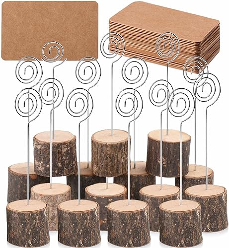 20 tarjeteros de madera de primera calidad con alambre de remolino y 30 tarjetas de lugar de papel Kraft, soporte para notas, soportes de números de