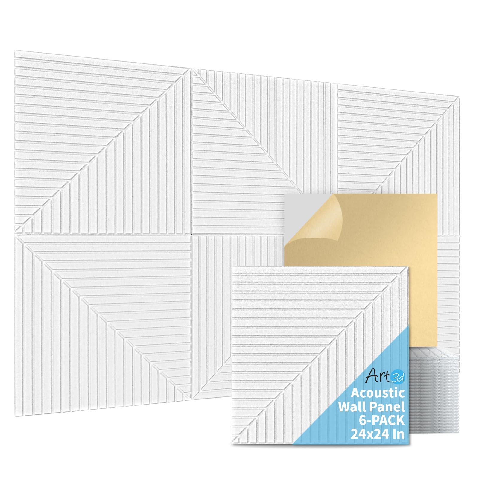 Art3d 6-Pack Self-Adhesive Acoustic Wall Panels for Home Décor, 24 x 24 Inch Soundproofing Panels for Office Studio Bedroom - High Noise Absorption Polyester Fiber, White