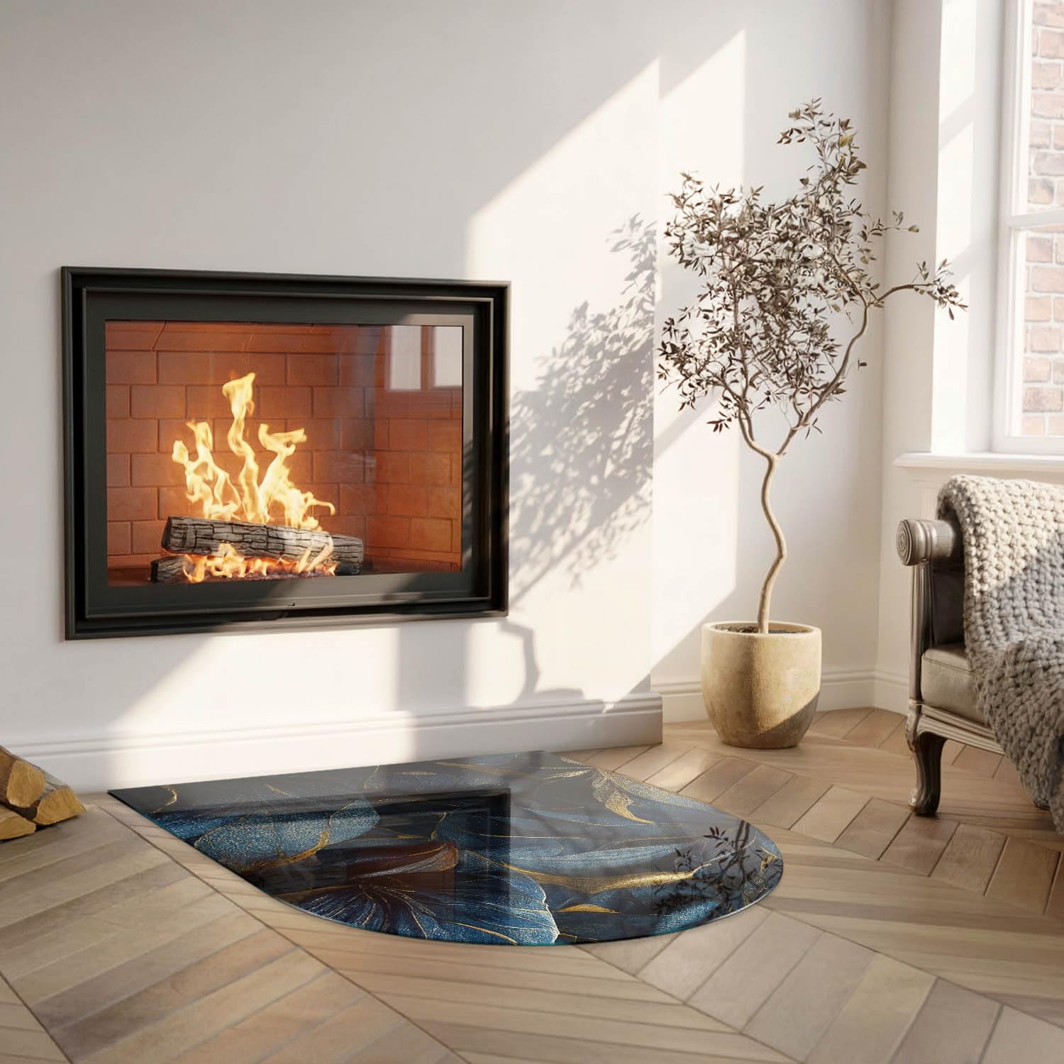 Piastra per camino e stufa 80x70cm Resistente a Scintille Design Elegante Protezione del Pavimento di Vetro Temperato Resistente alle Alte Temperature Arco - Foglie eleganti nella consistenza