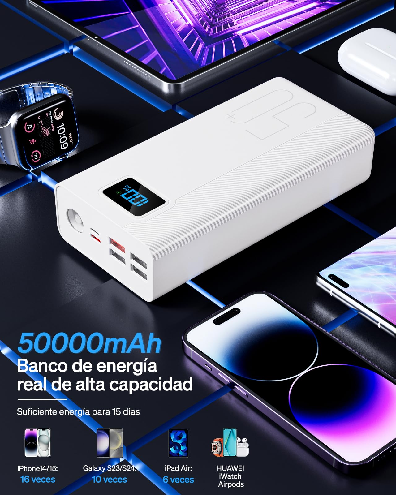 50000mAh Power Bank：22.5W Batería Externa de Carga rápida con Gran Capacidad y 5 Salidas y 3 entradas Reproductor MP3 3PM