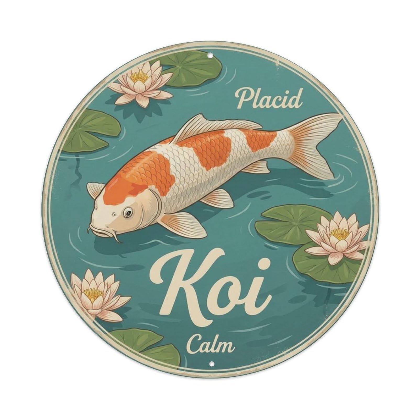 Ornamental Carp Waters Folk Pattern Classic Metal Tin Sign Plaque Wall Decor for Cafe, Man Cave, Club Bar, Office, Home Garden Round Metal Poster 8x8Inch