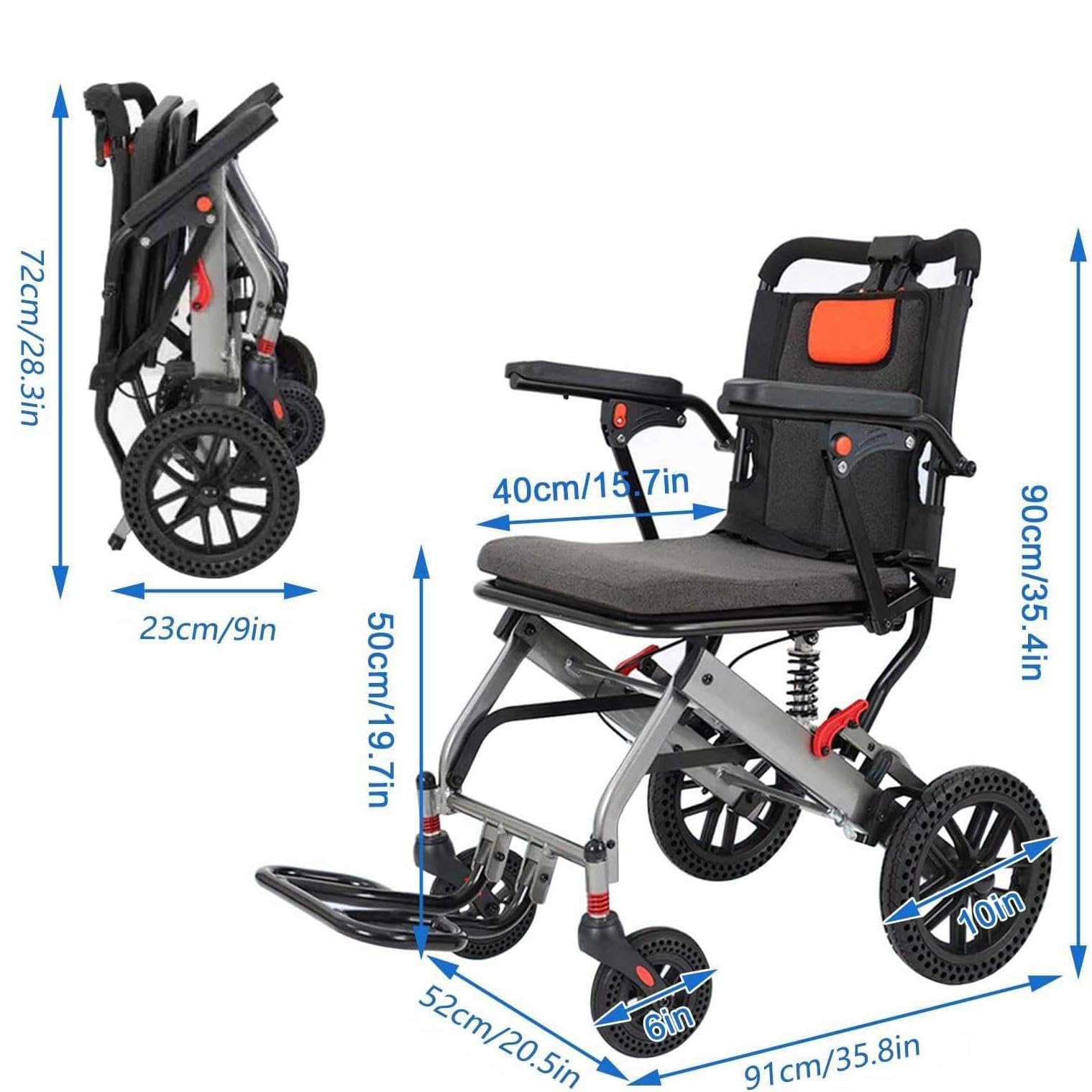 Sedia a rotelle Pieghevole Ultra Leggera, Sedia a rotelle per Trasporto Multiuso per Adulti, Sedia a rotelle per Viaggi Portatile per Anziani, Peso 10.5KG,Black