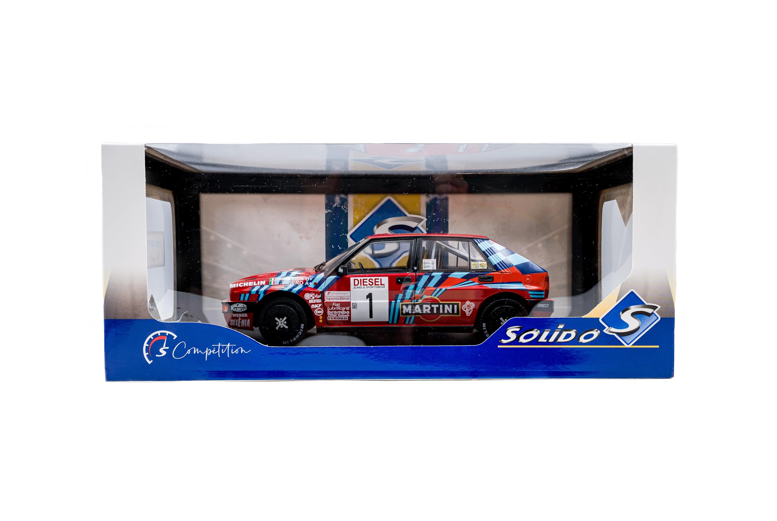 Solido Lancia Delta HF Integrale #1 - Veicolo da Rally Leggendario, Numero di partenza, Grafica, Doppio Faro Rotondo, Diecast Modello, Rosso, 1:18