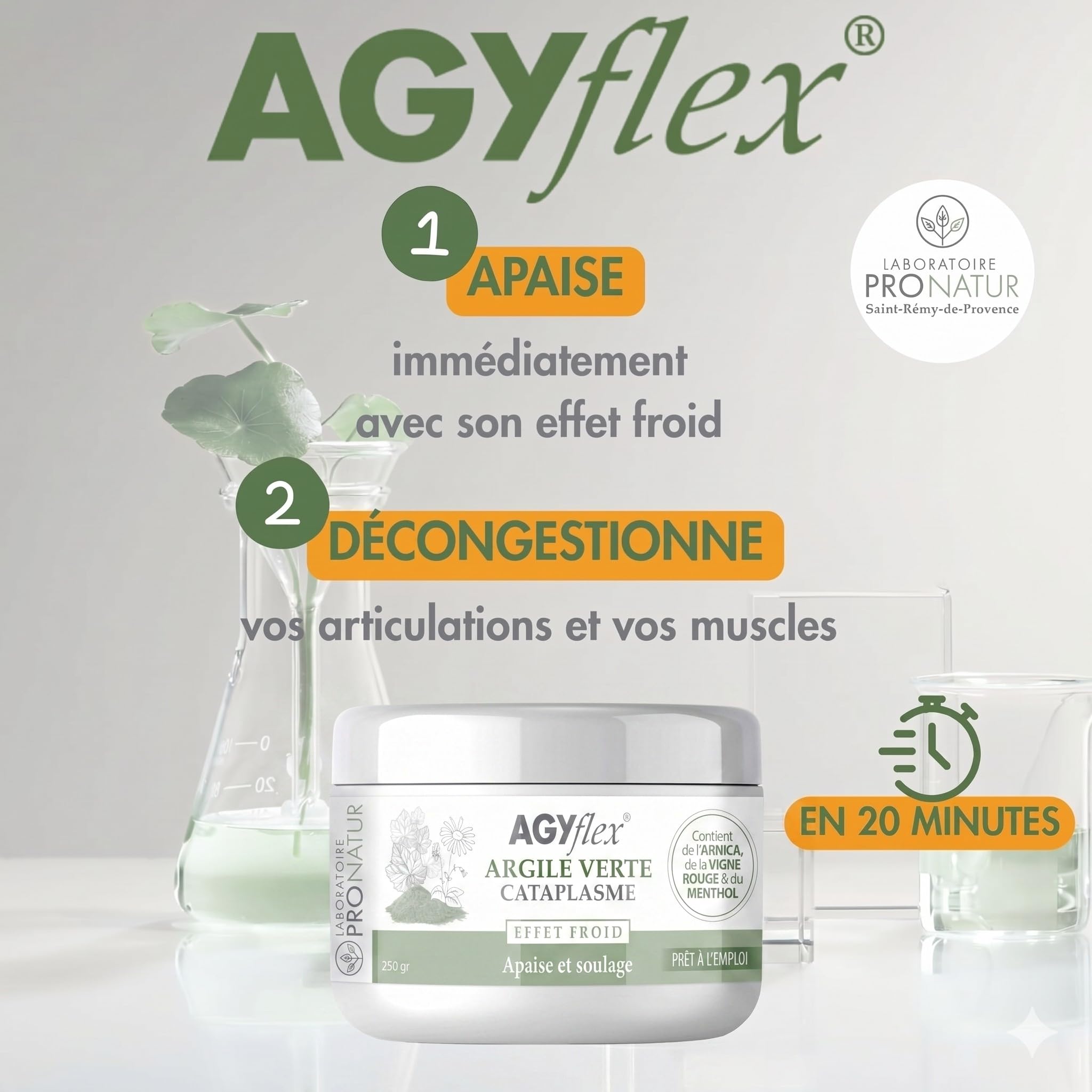 Cataplasme Cryo AGYflex ARGILE VERTE - Bien-être des muscles et articulations - Prêt à l’emploi - Vigne rouge, Arnica, Menthol - 250 g - Fabriqué en France