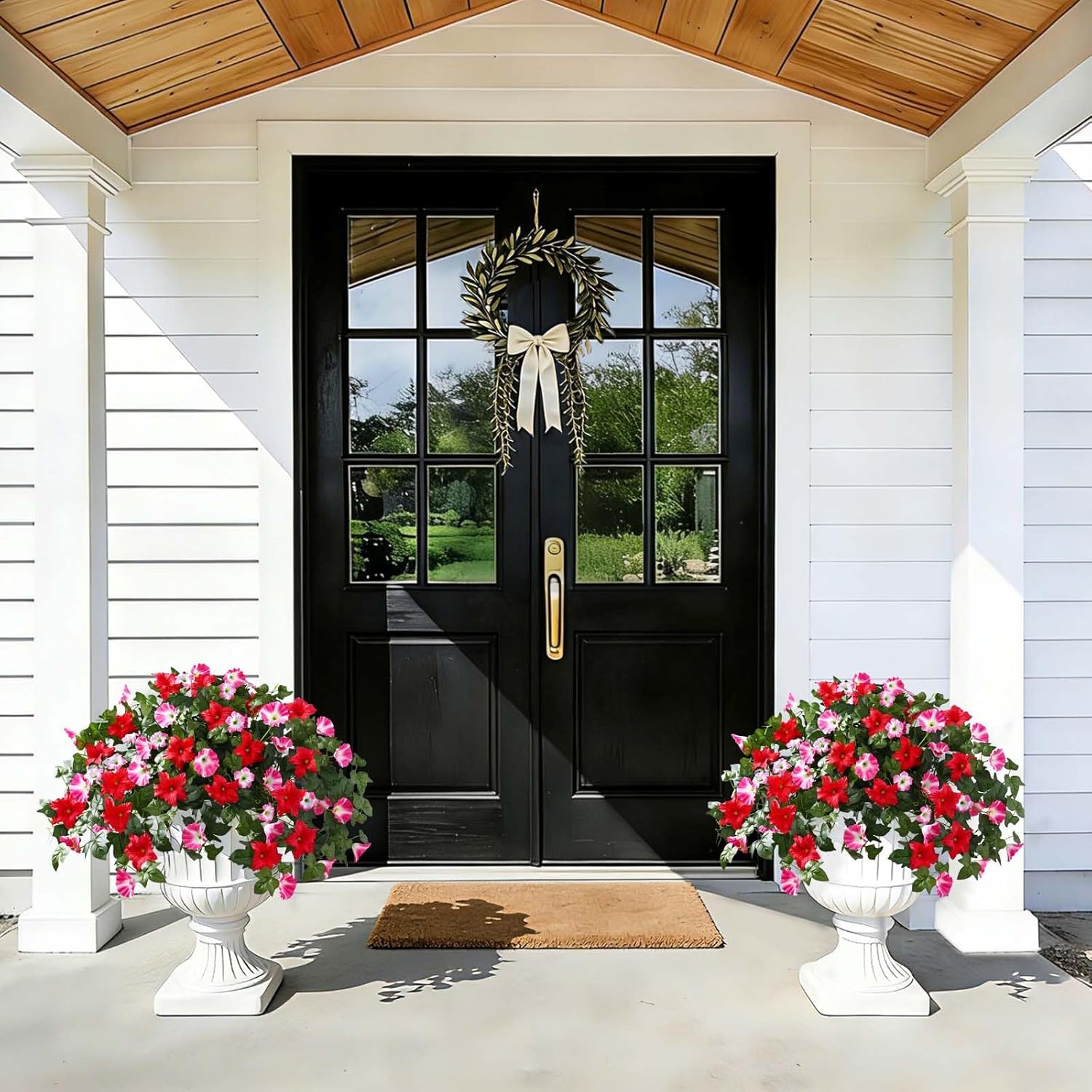 Artificial Flowers for Outdoors, 4PCS Mixed Red Pink Artificial Petunias UV Resistant Fake Flowers, Realistic Outdoor Faux Silk Flowers Plants for Outside Garden Porch Patio Spring Summer Decor