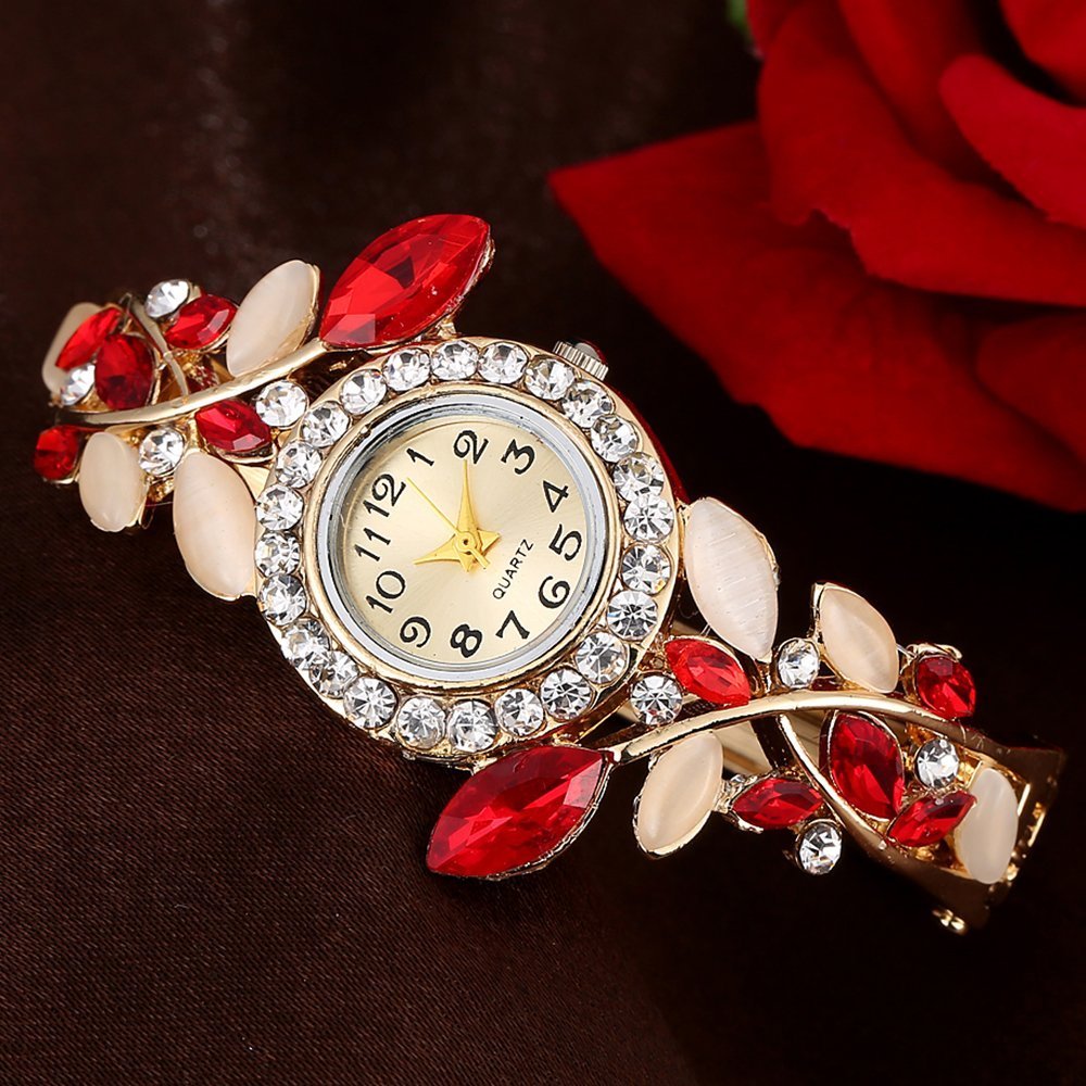 Gemini_mall Women's Red ’S Fashion Crystal Bracelet Quartz Dress Watch Bangle Wristwatch
