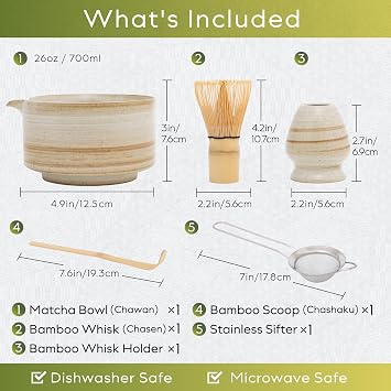 HIBINO Japanese Matcha Set | Matcha Bowl with Spout | Whisk & Holder | Bamboo Scoop & Stainless Sifter | 5-Piece Traditional Matcha Kit | Designed in Japan |Rustic Beige