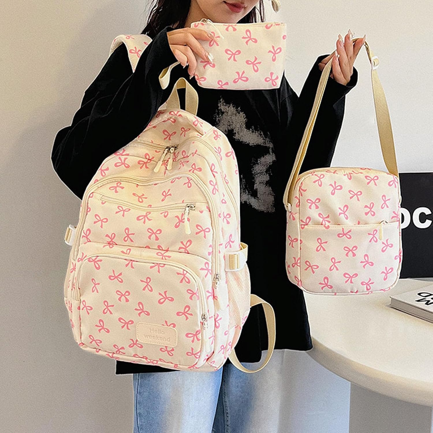 3-Piece Set Coquette Bow Backpack for Girls & Women - Comfy Preppy Backpack with Dreamy Bows, Cute & Functional (Bow//B//)