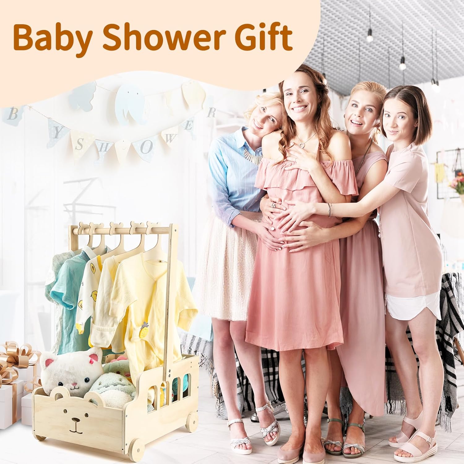 Wooden Baby Shower Crate Closet with Wheels & Handle, Personalized Gifts/Welcome Basket for Newborn Boy Girl New Parent, Easy Assembly Baby Crate Closet
