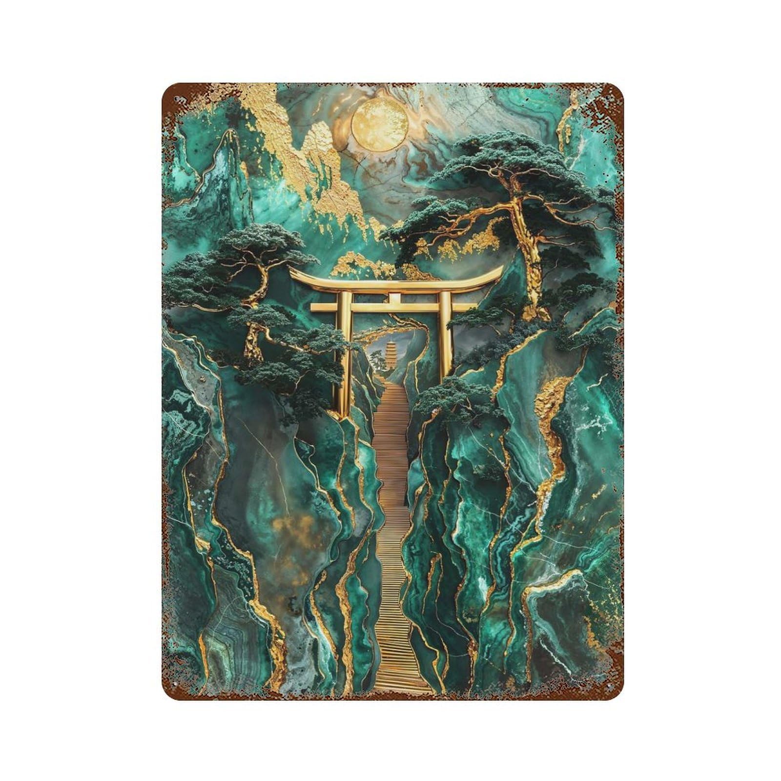 Jade Mountain Torii Path Rust Effect Tin Sign 15.7"x11.8", Ideal for Farmhouse, Kitchen And Entryway Decor