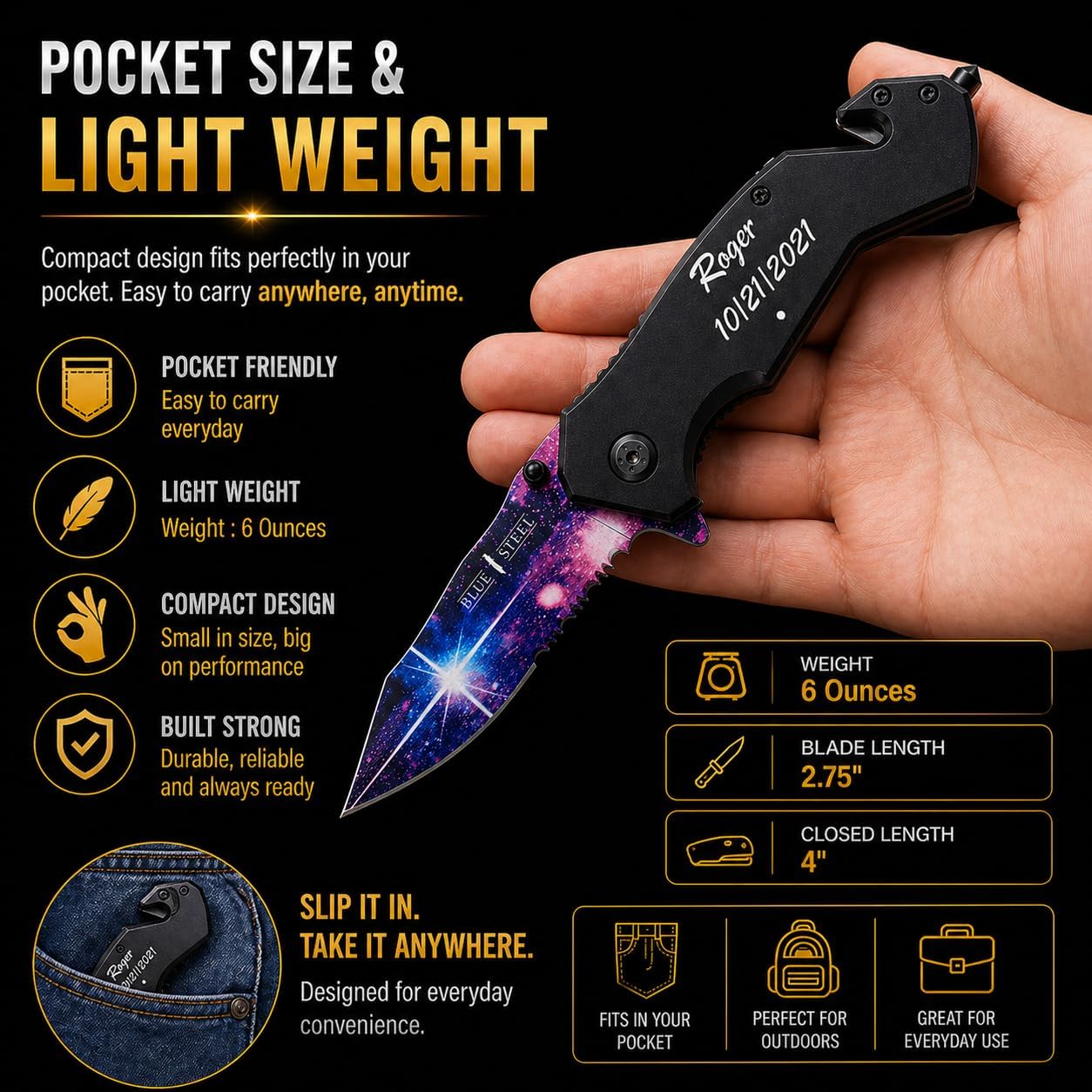 Blue Steel Personalized Laser Engraved Pocket Knife, Emergency Escape Tool with Car Window Breaker and Seat Belt Cutter, Hardened Sharp, Color- Galaxy