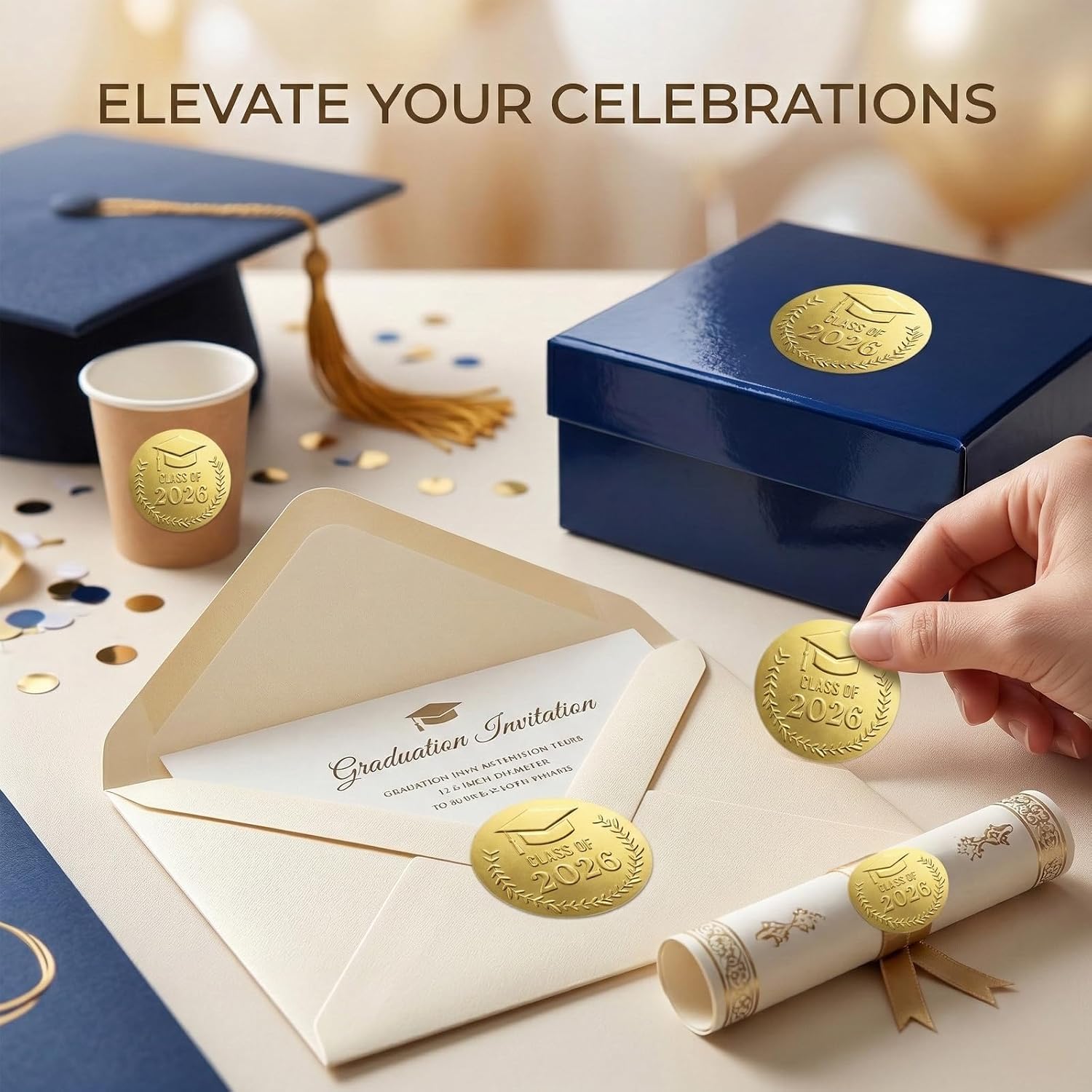 Class of 2026 Graduation Stickers, 100 Pcs, 1.5" Gold Foil Embossed Envelope Seals, Premium Graduation Cap Labels for Invitations, Party Favors, Announcements, and Gift Boxes (10 Sheets) image 2