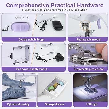 Sewing Machine 505 for Beginners: 12 Built-in Stitches with Expansion Table, Foot Pedal & Full Accessory Kit, Heavy Duty Household Sewing Machine for Adults & Kids Ages 8+,(Purple)