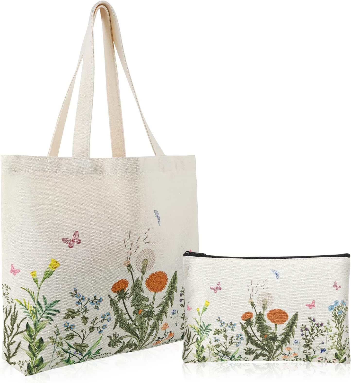 Prasacco 2 Pcs Canvas Tote Bags - Cute Aesthetic Floral Vintage Flower Plant Tote Bags with Zipper for Women & Girls