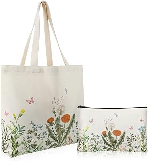 2 Pcs Canvas Tote Bags Cute Aesthetic Tote Bags with Zipper Floral Tote Bags Vintage Flower Plant Tote Bags for Women Girls