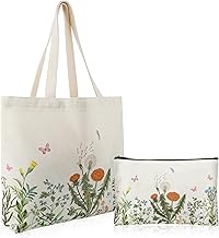 Prasacco 2 Pack Canvas Tote Bags Cute Aesthetic Zipper Tote Bags Vintage Flower Tote Bags for Women Girls White White Double, white