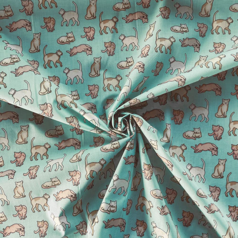 Oh Sew Crafty Limited Mint Polycotton Fabric Cat Kittens Cats Animals Pets (Per Metre) (Mint)