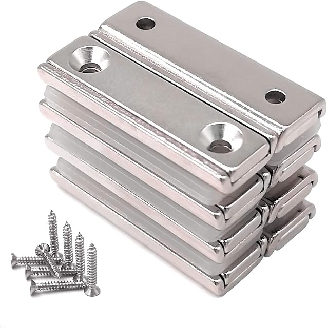 Magnetpro 8 Pieces Strong Neodymium Rectangular Magnets 20 KG Force 40 x 13.5 x 5 mm with Countersunk Hole and Capsule, Household and Industrial Rare Earth Magnet with Mounting Screws