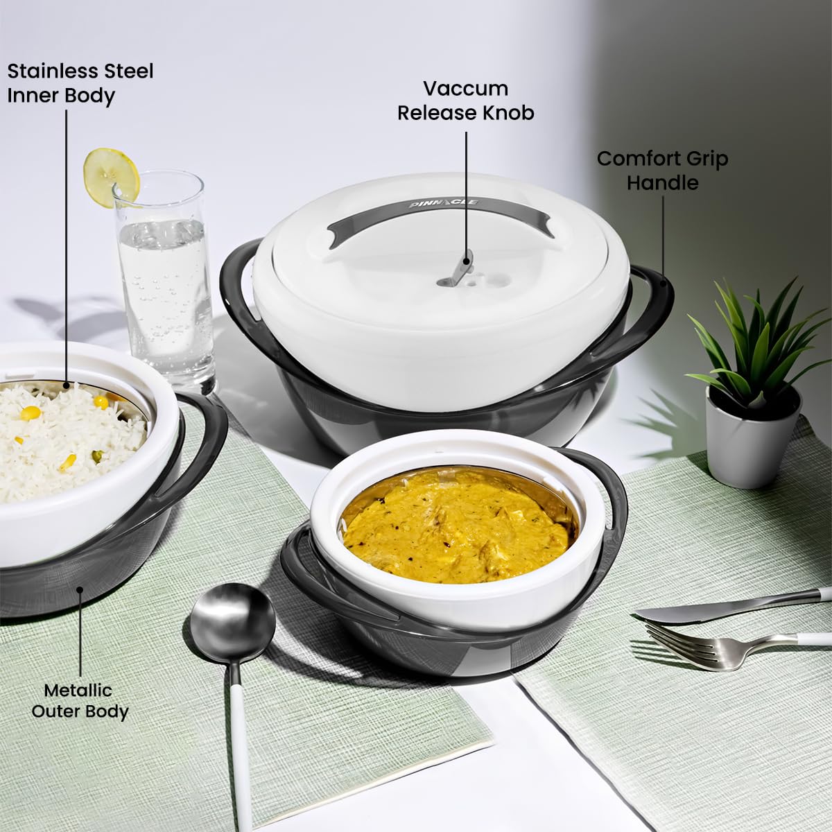 Pinnacle Große isolierte Auflaufform mit Deckel, 3,6 qt. Eleganter Hot Pot Speisenwärmer / Kühler - Thermo-Suppen-/Salat-Servierschale aus Edelstahl - Bestes Geschenkset für Mütter
