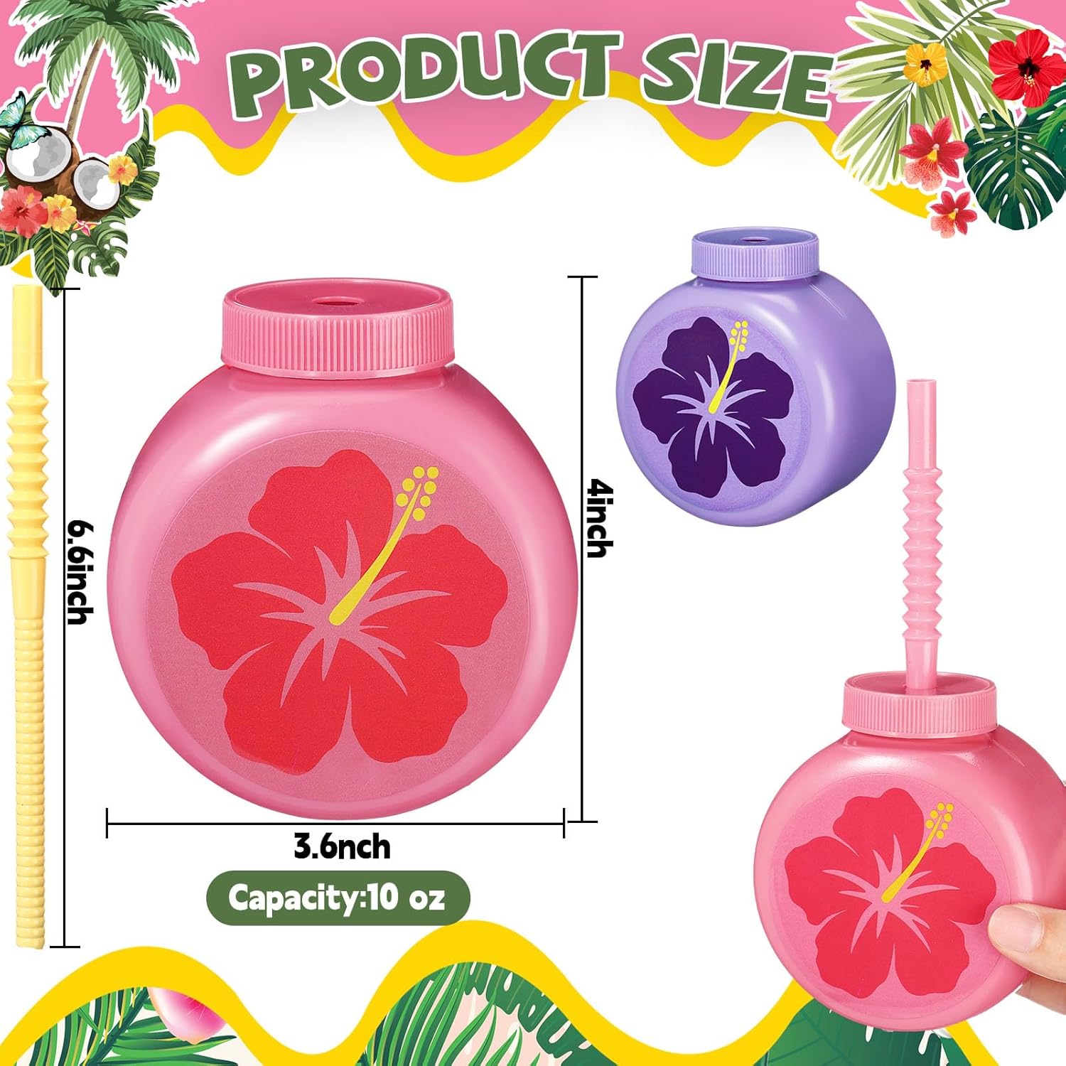 Mifoci 24 Sets Hibiscus Party Favor Cups 10 oz with Straws and Lids Hawaiian Luau Plastic Summer Drink Cups Tropical Flower Shape for Girls Aloha Tiki Beach Birthday Party Supplies, 6 Colors