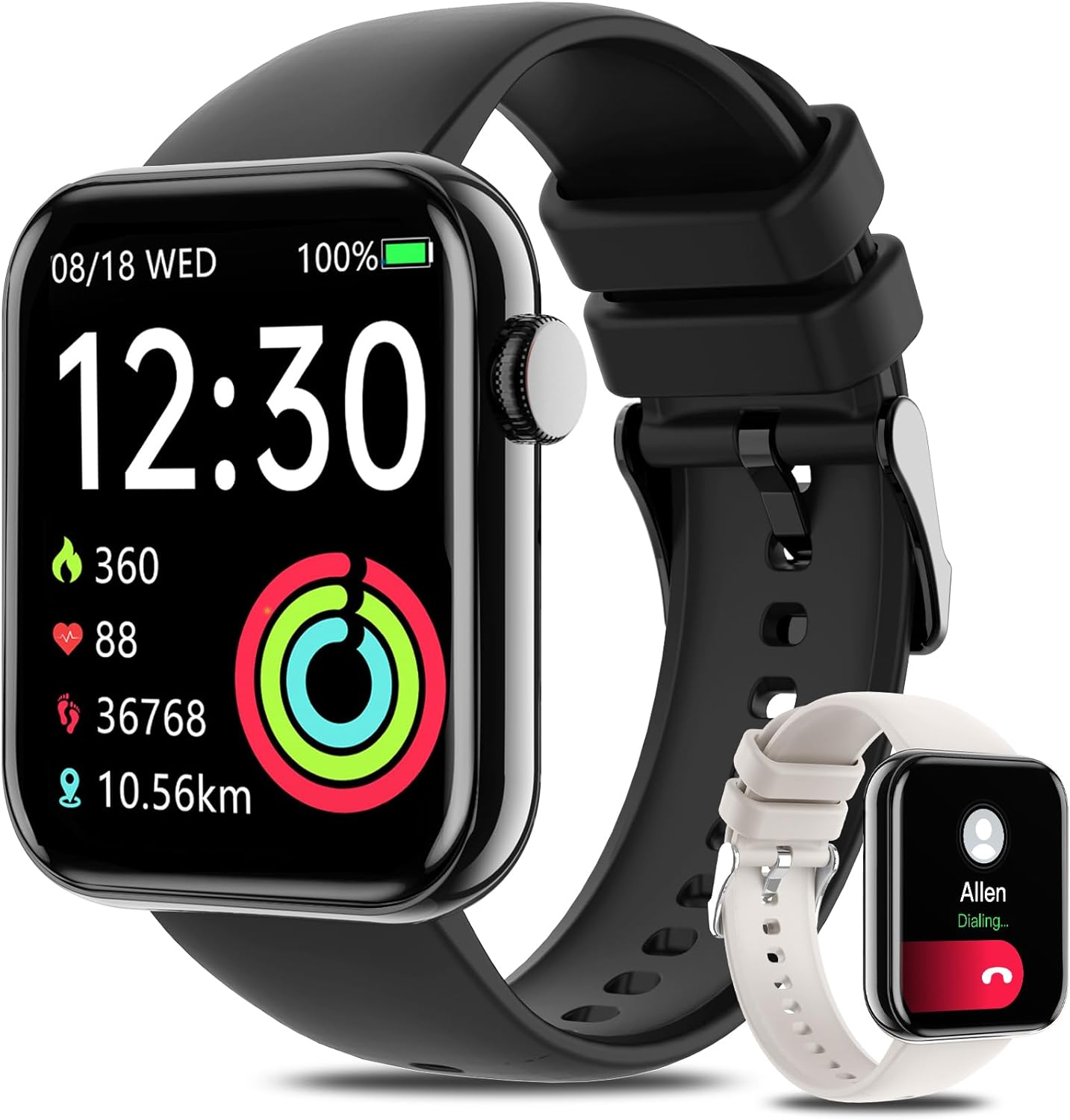 Smart Watch for Women Men(Answer/Make Calls) 1.85" HD Fitness Tracker Smartwatch for Android iPhone with Steps Tracking/Heart Rate/Sleep Monitor, 120+ Sports Modes IP68 Waterproof, Black/2 Bands