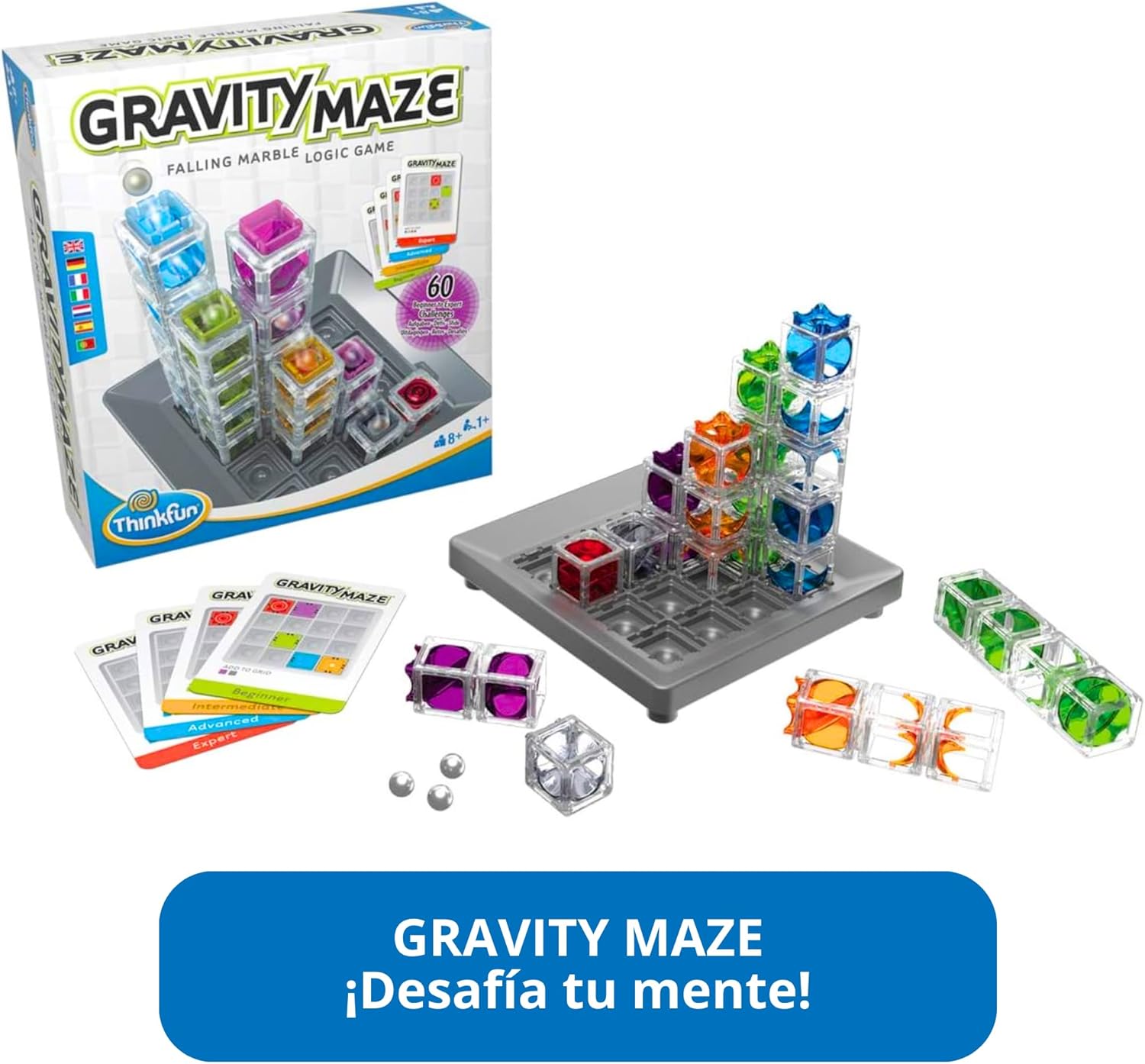 Niño jugando con el ThinkFun Gravity Maze guiando la canica en el circuito