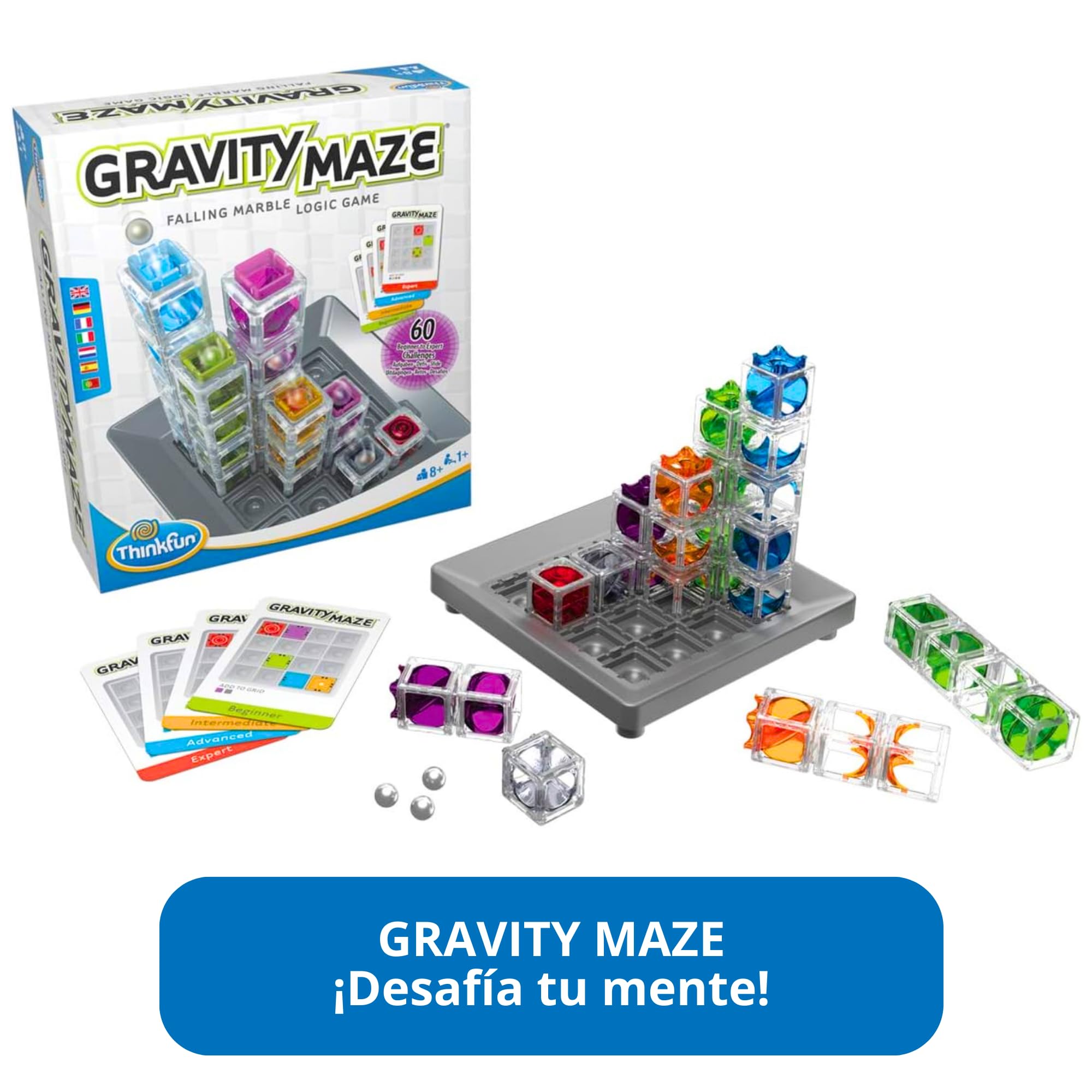 ThinkFun - Gravity Maze | Regalo Niño 8 Años | Juegos de Mesa Niños 8 Años o Más | Circuito Canicas | Marble Run Logica con 60 Desafios | Juegos Niños