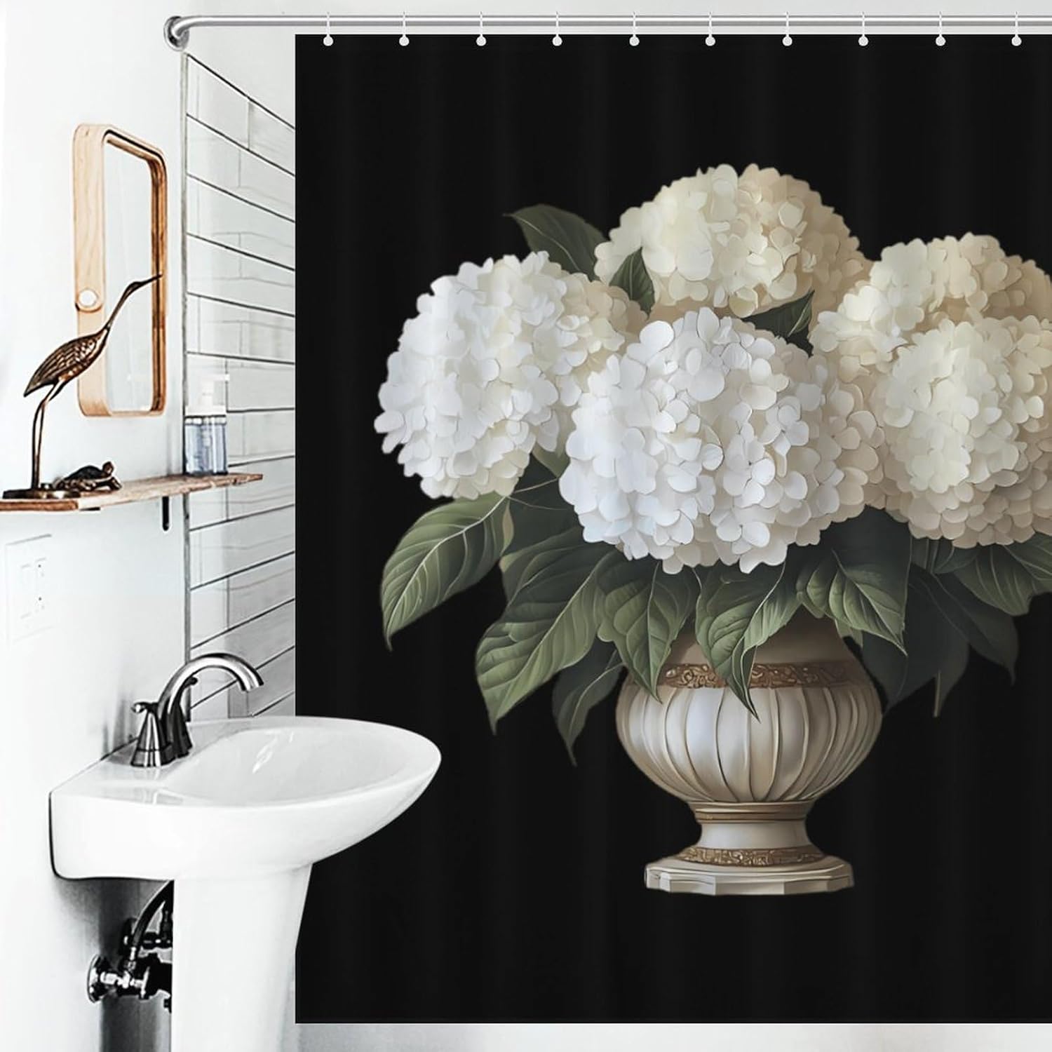 White Hydrangeas Flower Funny Shower Curtains Washable Bath Curtain Liner with Hooks for Bathroom Bath Tubs