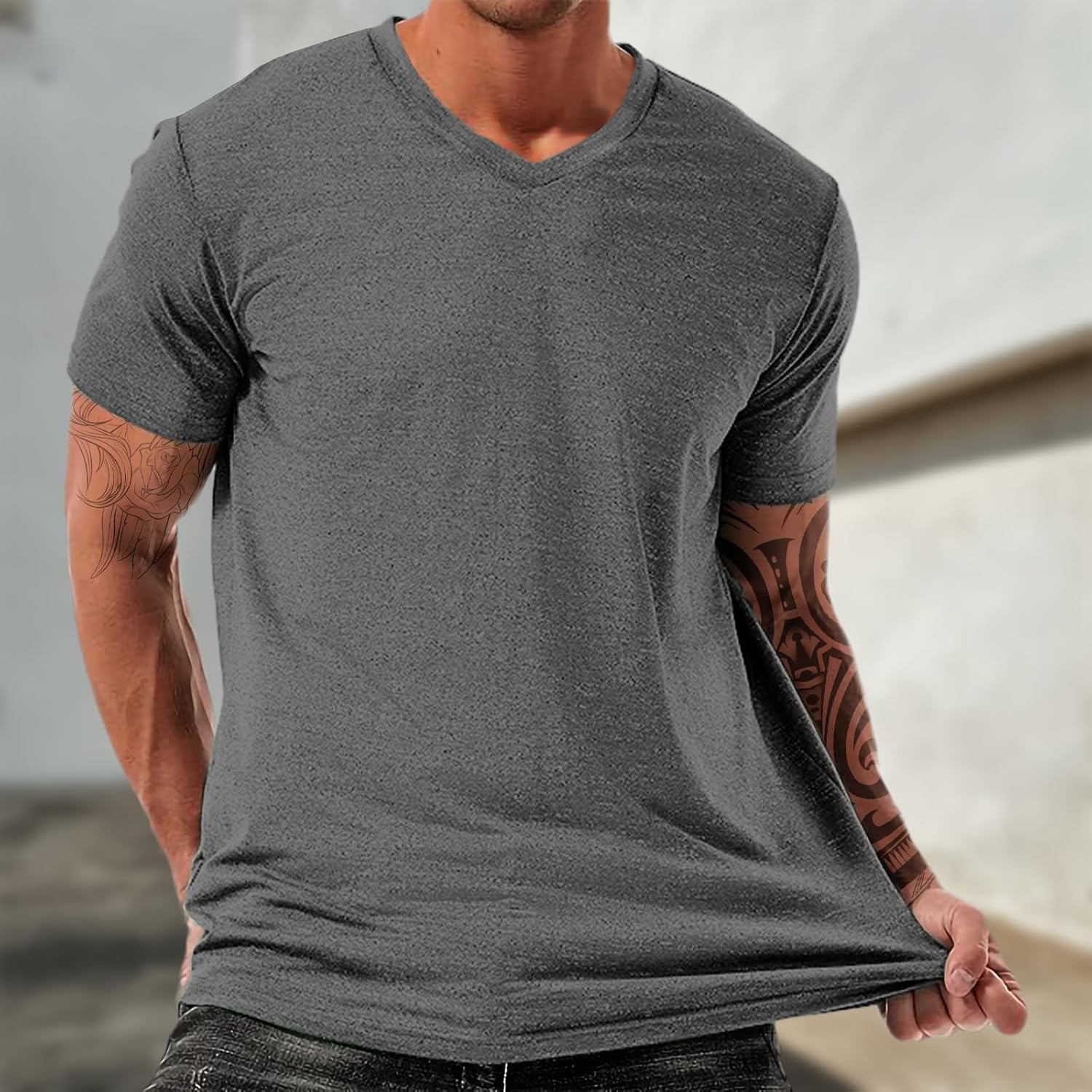 Summer Shirts for Men Basic Daily Outfits Muscle Beach Soft Loose Plus Size Gym Outdoor Neckline V Neck Tees - Image 2