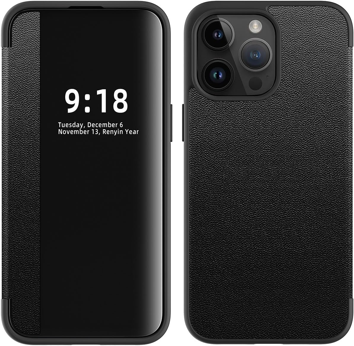 Smart Case Compatible with iPhone 15 Pro Max, Translucent View Window Ultra Slim Leather Protective Case for iPhone 15 Pro Max（Black）