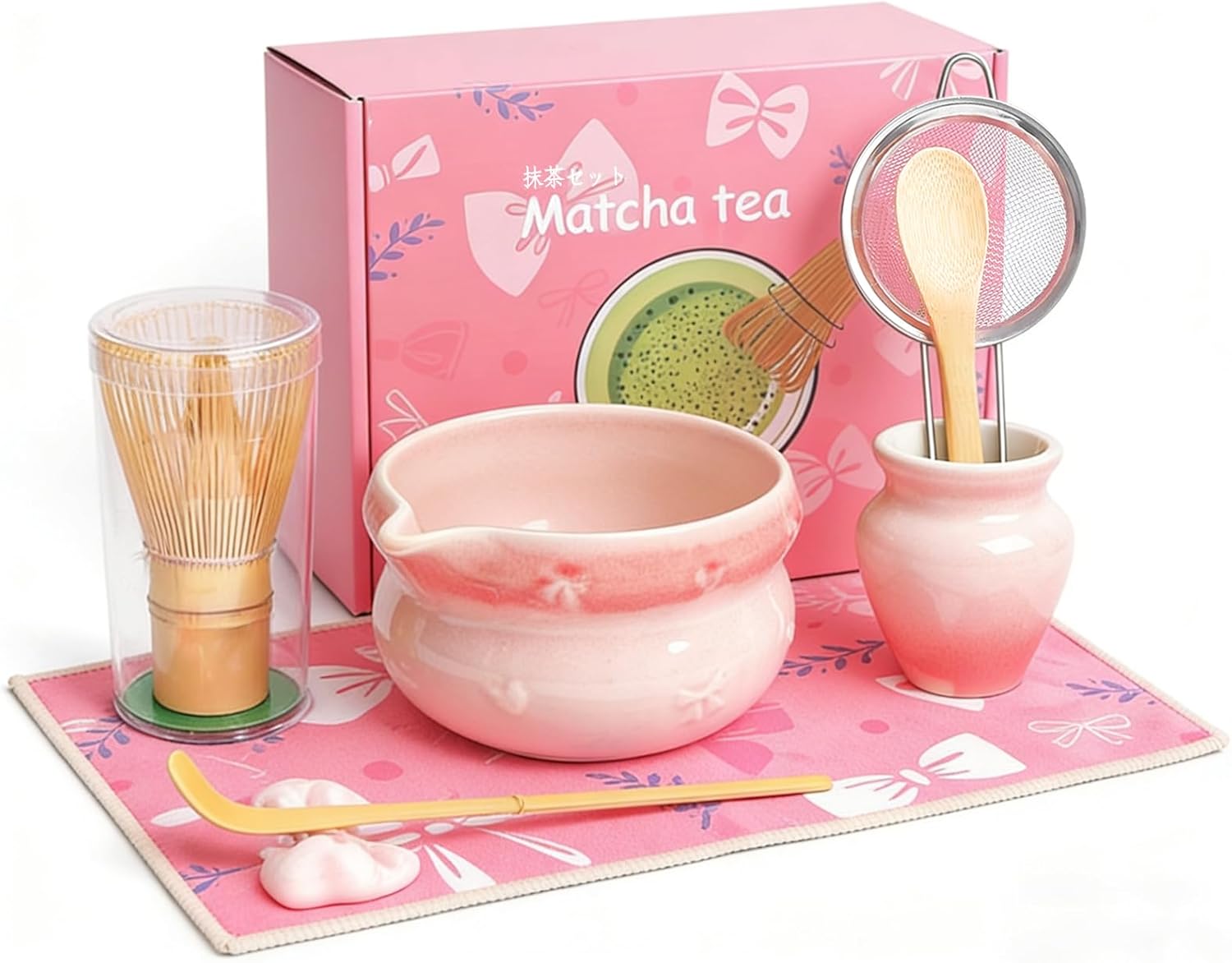 Matcha Whisk Set 8Pcs, Ceramic Japanese Tea Handmade Bowl Kit, Cute Pink Bow Heart Ceremony Starter Making Gift, Complete Fellow Matcha Tools Accessories with Spout Spoon Chasen Holder Sifter Cloth