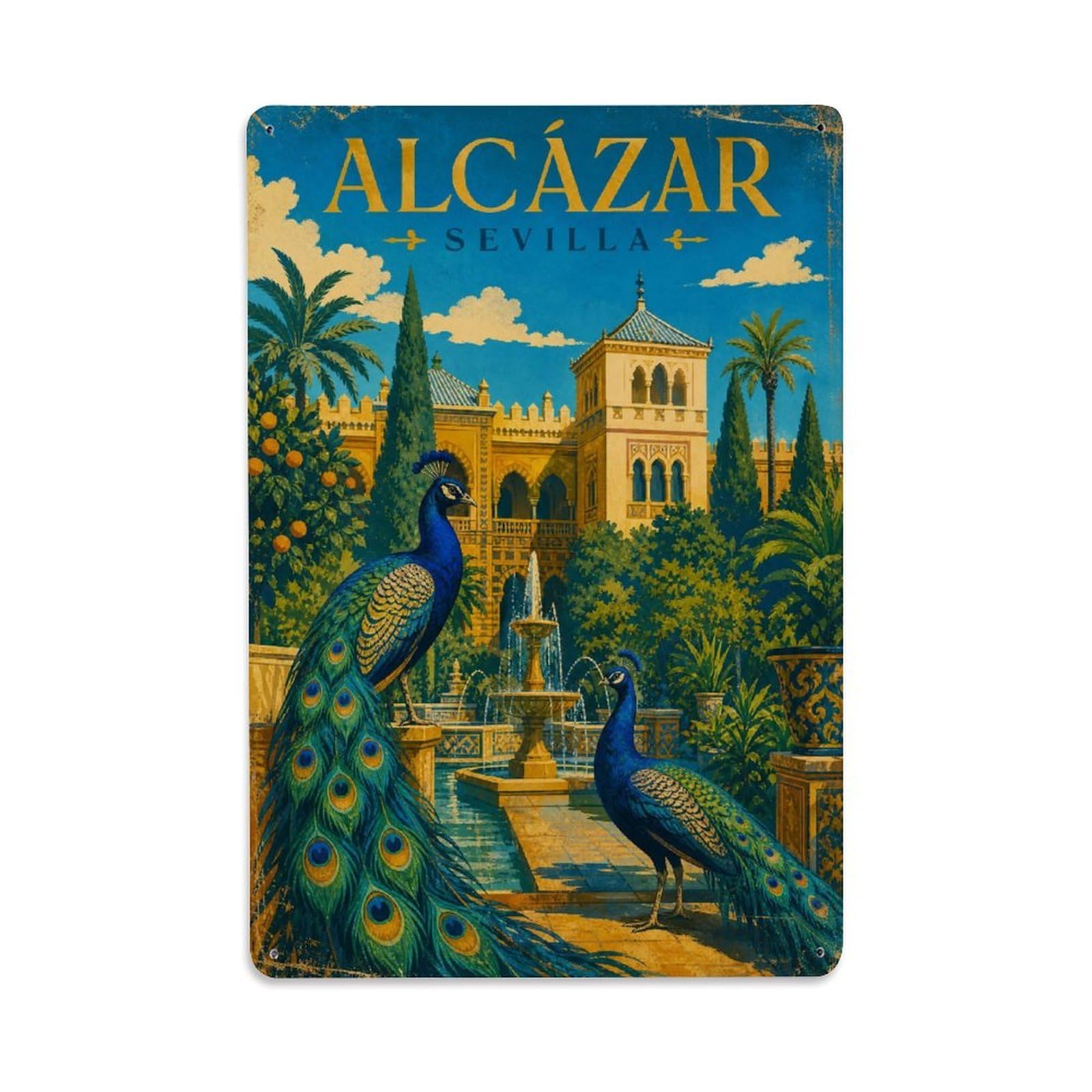Vintage Travel Alcazar Peacocks Gardens Seville Wildlife Metal Tin Sign