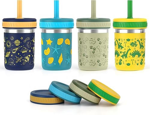 Sursip Vasos para niños pequeños con tapas y popotes, de acero inoxidable, a prueba de derrames, para batidos y aperitivos, sin BPA, aptos para